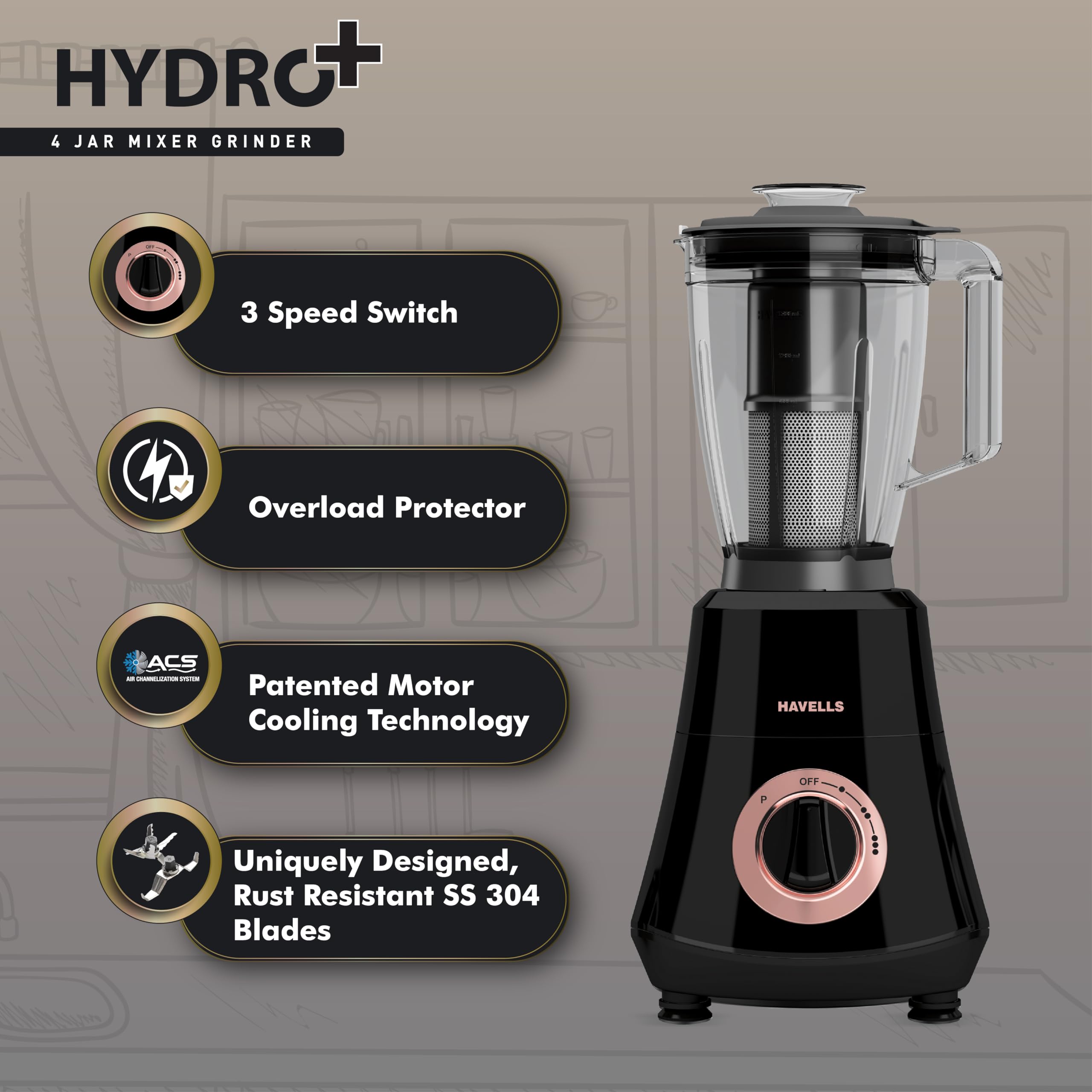 Havells Hydro Plus 1000 watt 4 Jar Mixer Grinder with Ball Bearing Motor, 22000 RPM, Wider mouth Stainless Steel Jar, Hands Free operation, SS-304 Grade Blade & 2 Yr Manufacturer Warranty 4