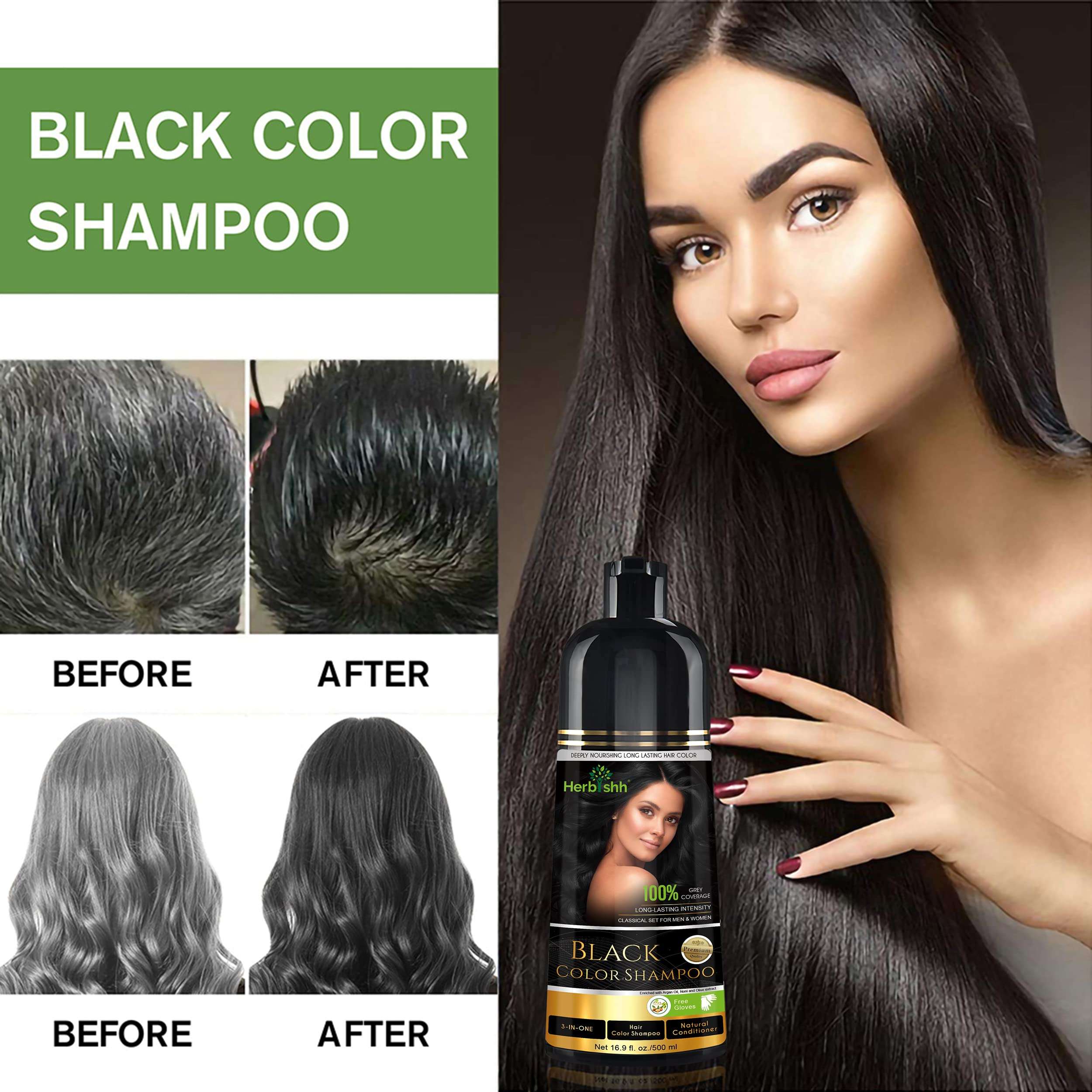 Herbishh Hair Color Shampoo for Gray Hair – Magic Hair Dye Shampoo 500ml Black + Koloret Root Touch Up Powder– Natural Black Powder for Women & Men 10g 3