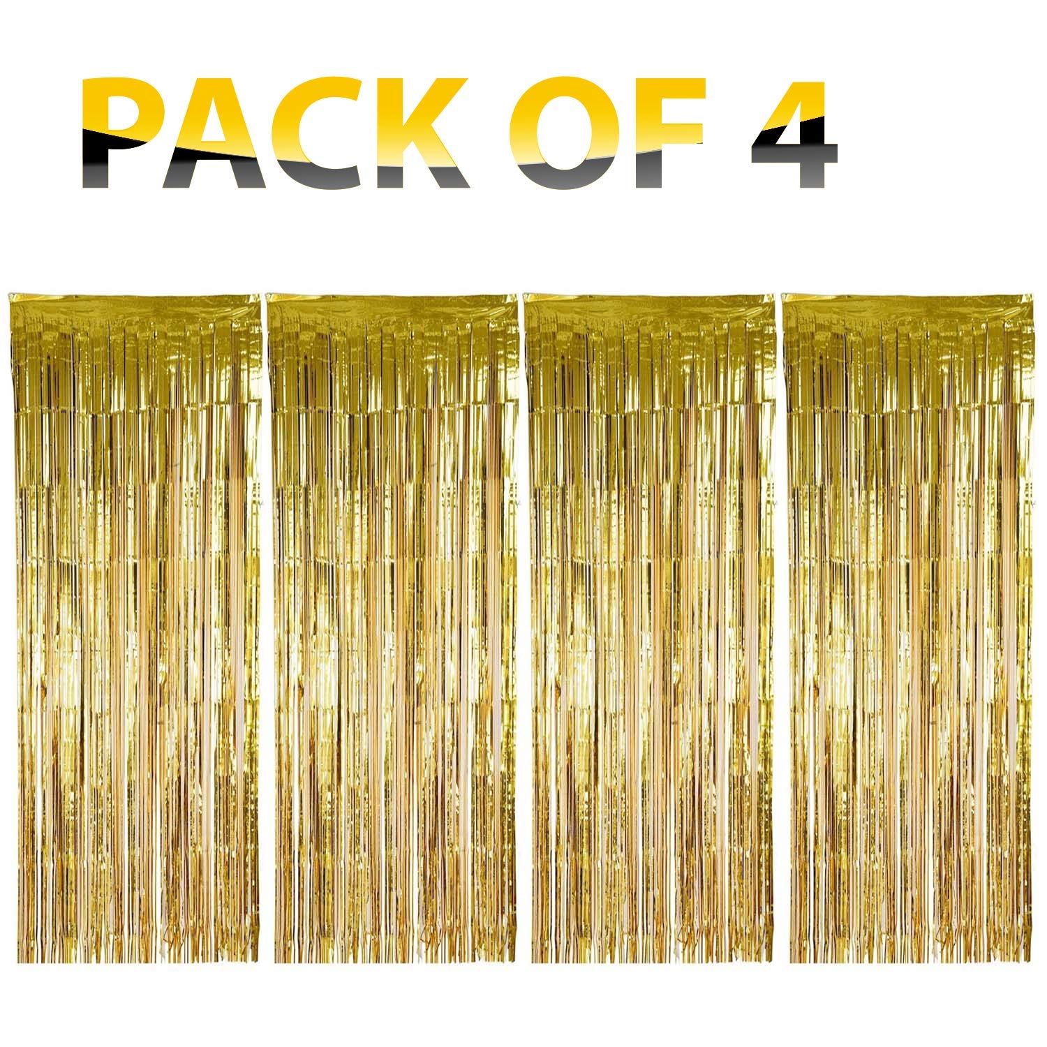 Jindal Party Products Metallic Fringe Foil Curtain for Birthday | Wedding | Anniversary Decoration Party || Size-3 Feet by 6 Feet (Golden-4Pcs) + HD Metallic Finish Balloons (Golden) Pack of 150 3