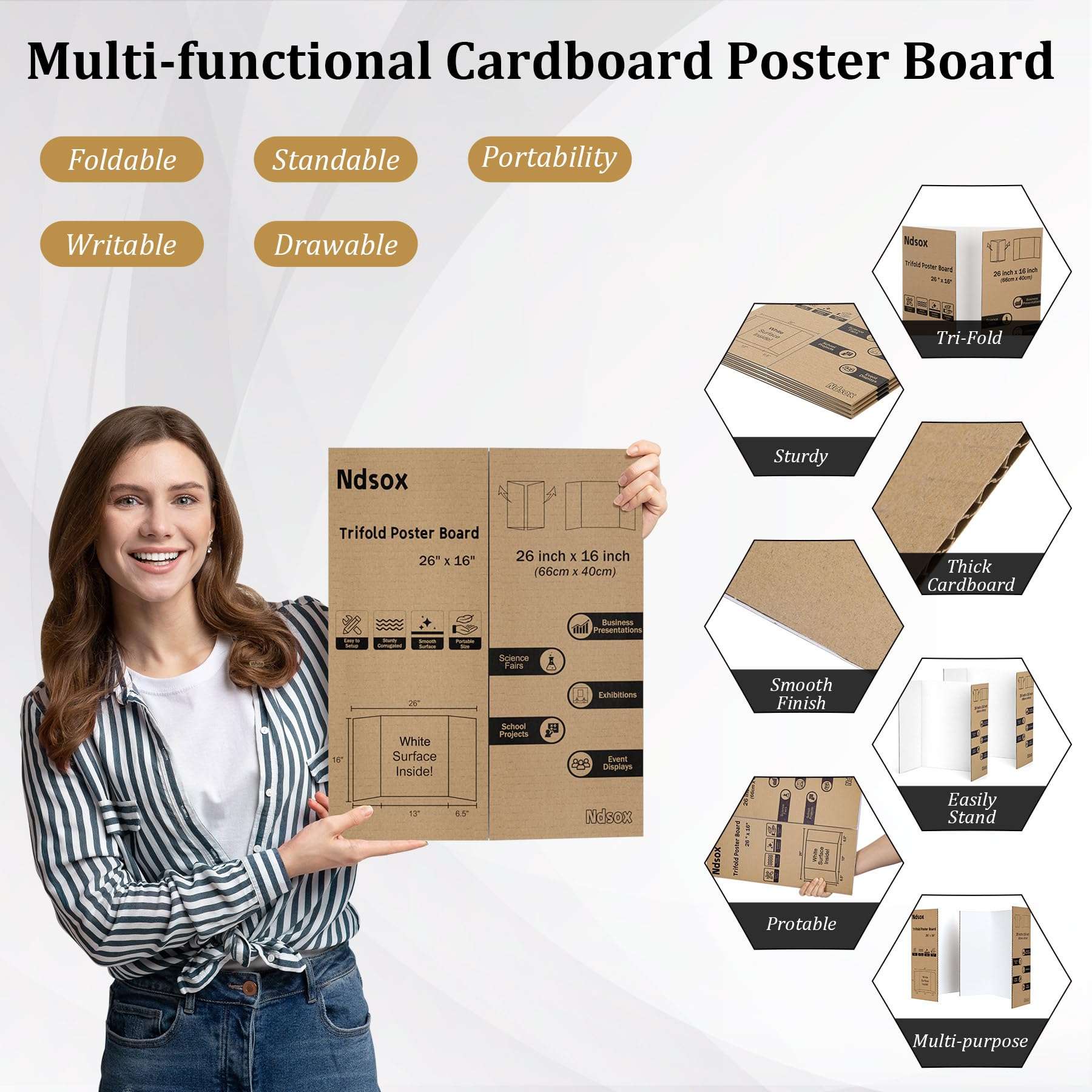 Ndsox 4 Pack 26" x 16" White Trifold Poster Board Medium Size Corrugated Tri Fold Project Poster Boards Science Fair Display Posterboards for Business Presentations, Event Displays, Art Exhibitions 4
