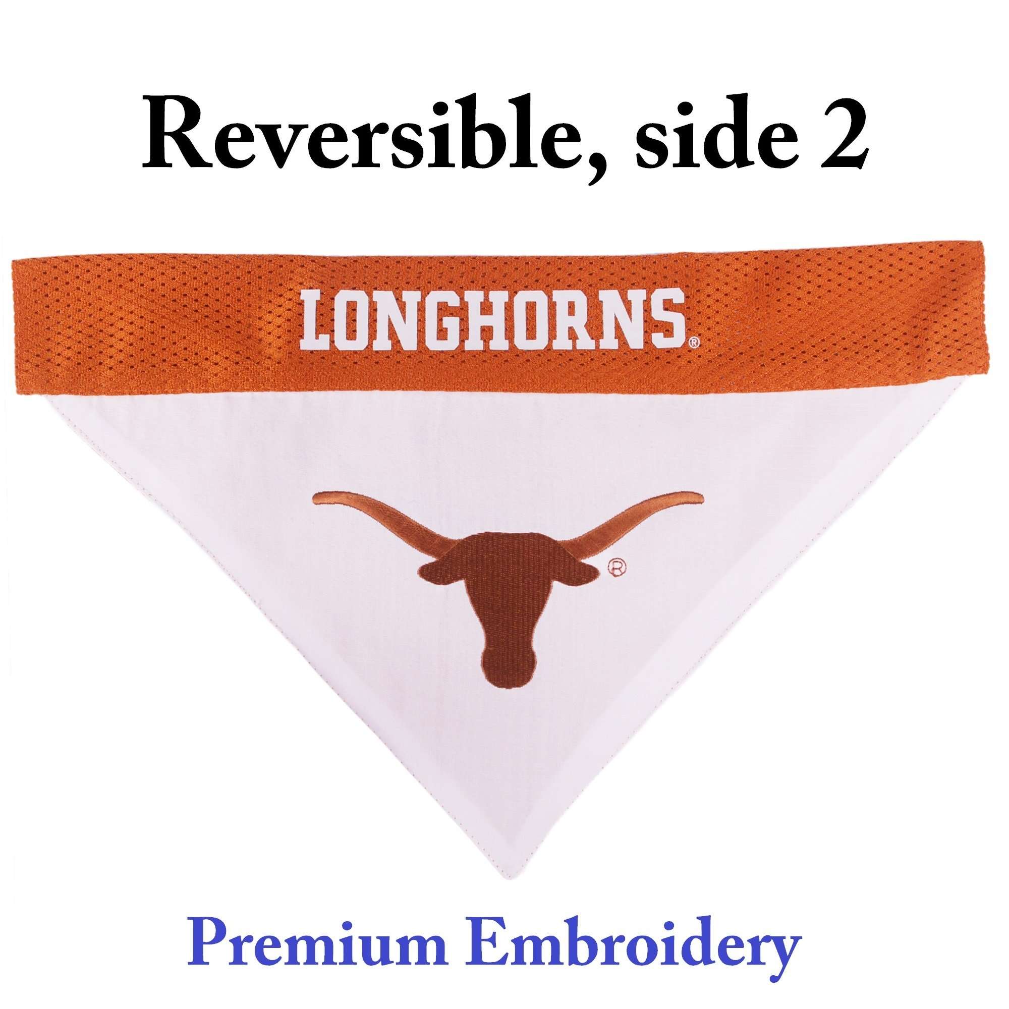 NCAA Dog Bandana - Texas Longhorns Reversible PET Bandana. 2 Sided Sports Bandana with a Premium Embroidery Team Logo, Small/Medium. - 2 Sizes & 50 College Teams Available 2