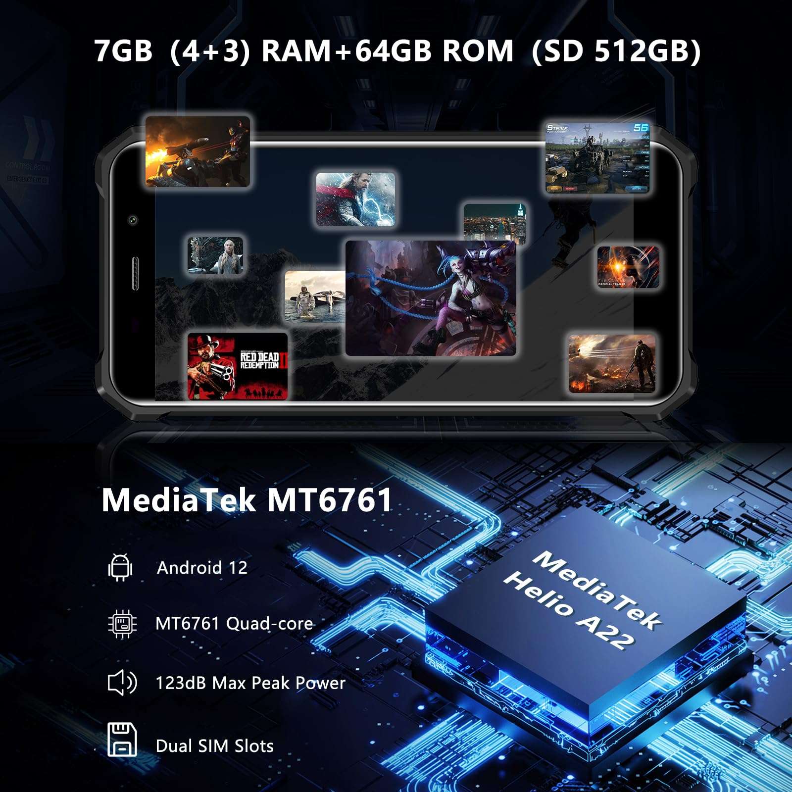 FOSSIBOT Rugged Smartphone F101 10600mAh Battery Rugged Cell Phone122dB Loudest Speaker Unlocked Phone 4+64GB 5.45" HD+ Rugged Smartphone Unlocked IP68 Waterproof Phone Android 12 24+8MP Camera OTG 6