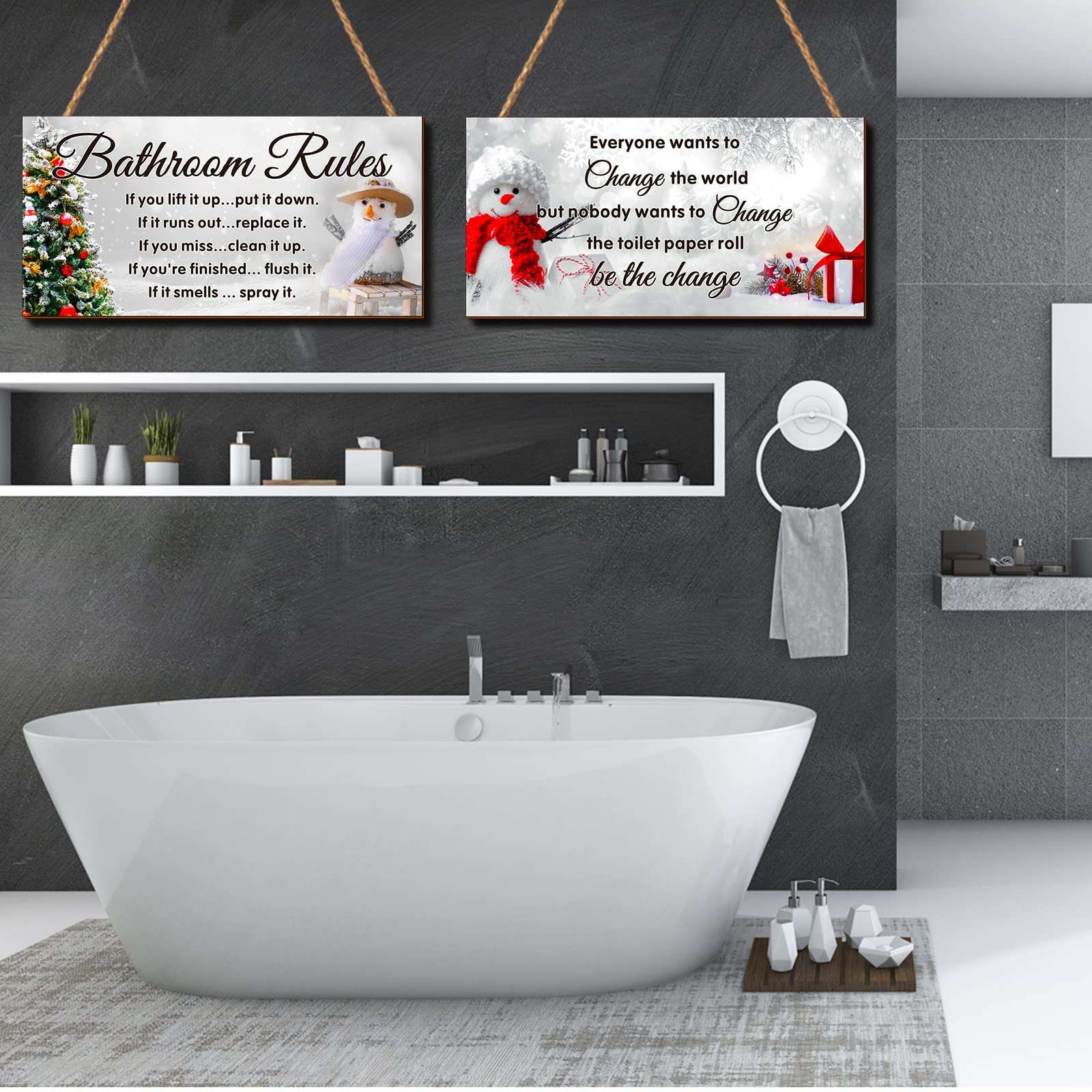 Rustic Wood Christmas Bathroom Decor: 2 Pcs Wall Art Snowman Rules Funny Hanging Accessories 4