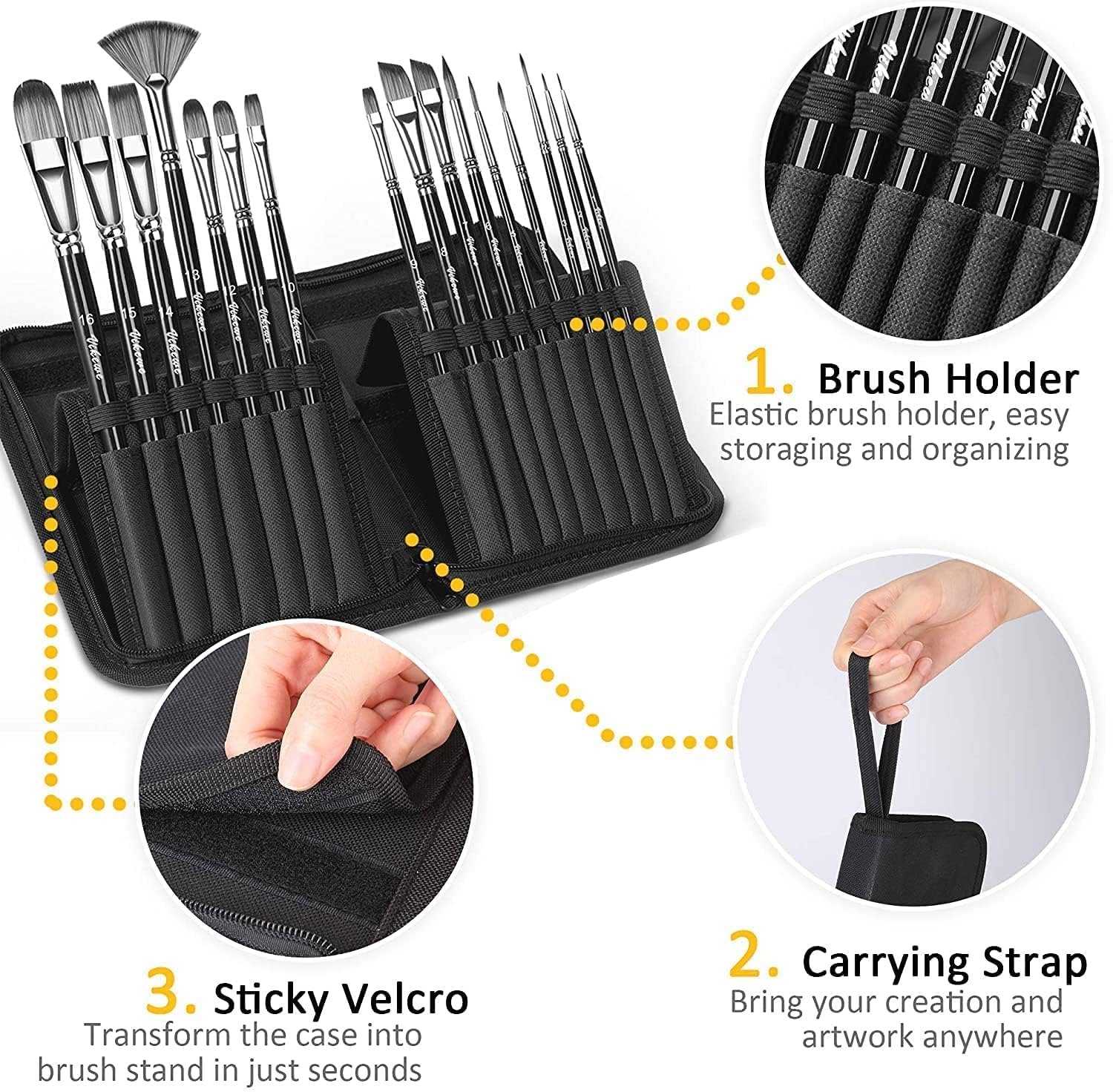 ARROLLIANT 15-Piece Paint Brush Set for Acrylic & Watercolor, Featuring Multiple Shapes, Palette Knife, Sponge, and Wooden Portable Carrying Case 4
