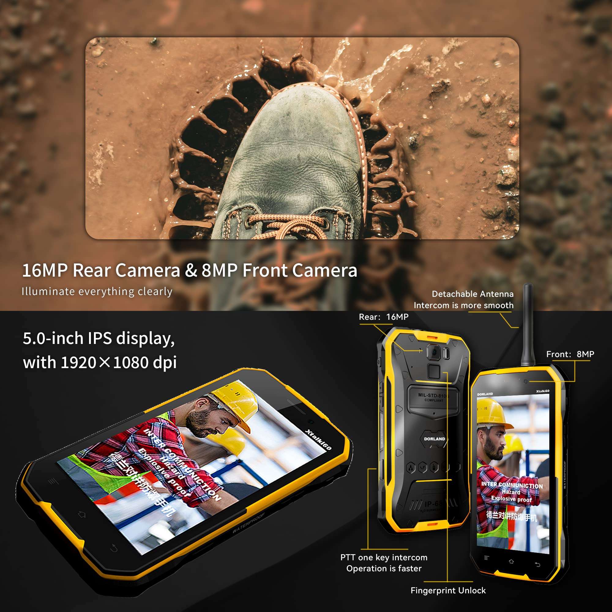 Walkie Talkie Rugged Smart Mobile Phone 5.0 inch Screen 6GB+128GB Explosion Proof Unlocked Zone1/2 Intrinsically Safe IP68 for Oil Gas Industry Areas Waterproof Dust Proof Shockproof Android 8.0 4