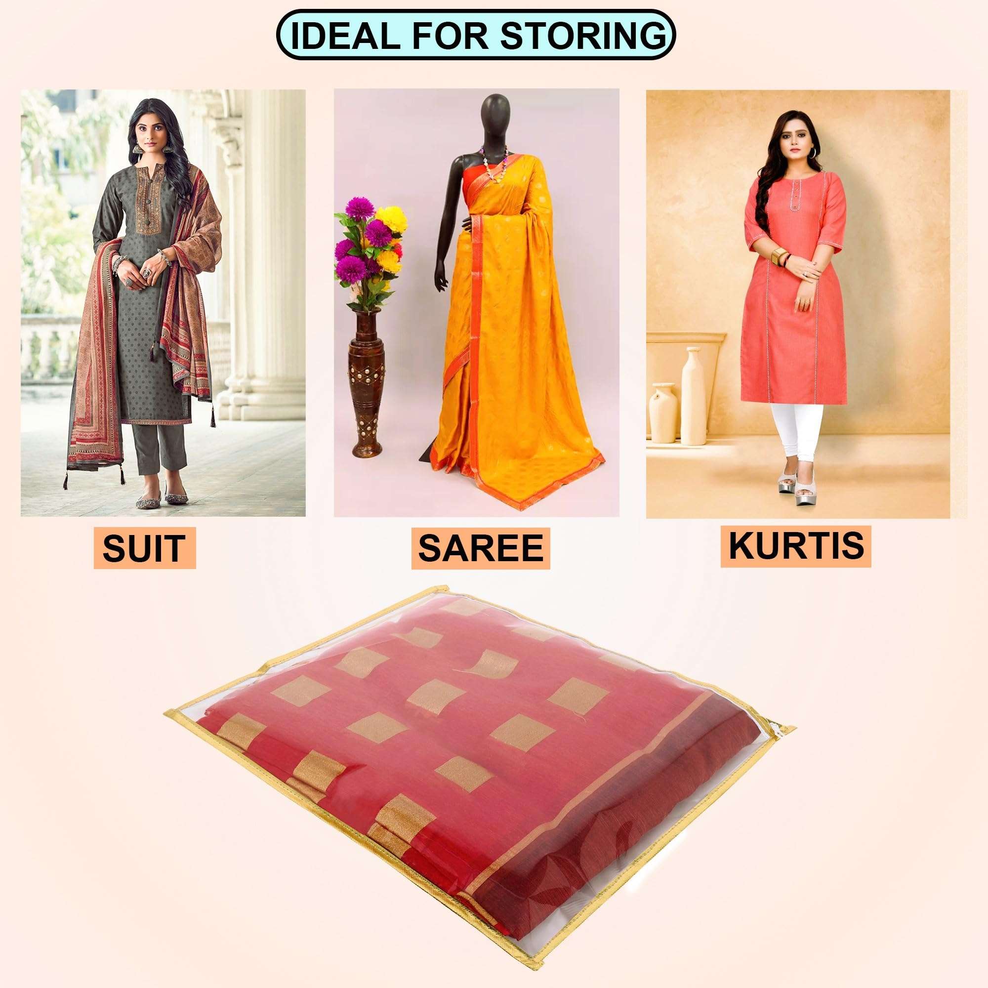 FLY LYF Plastic Single Saree Covers With Zip Transparent Suit Cover Packing Bags(Pack Of 24)(Pack Of 18)(Pack Of 12)(Pack Of 6)Saree Organizer For Wardrobe Travel Clothes Storage(24),43 Cm,37 cm 5