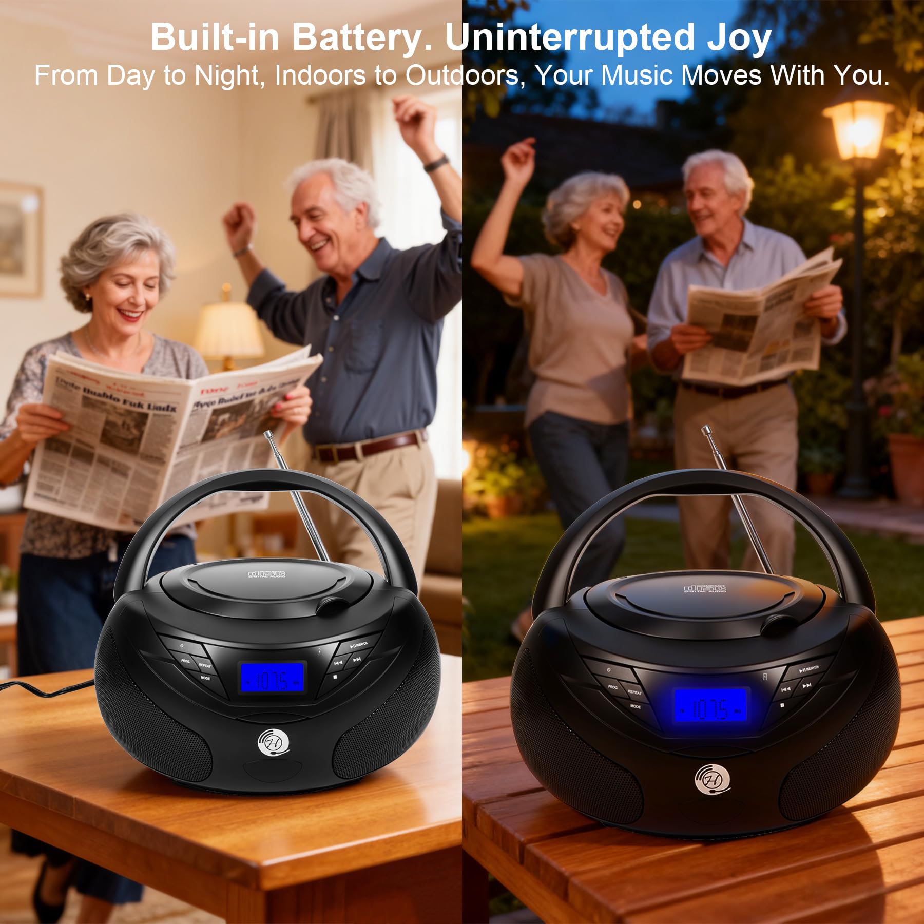 Portable CD Player Boombox with Bluetooth, FM Radio, USB Playback, Built-in Rechargeable 2000mAh Battery, Remote Control, Stereo Sound (Black) 4