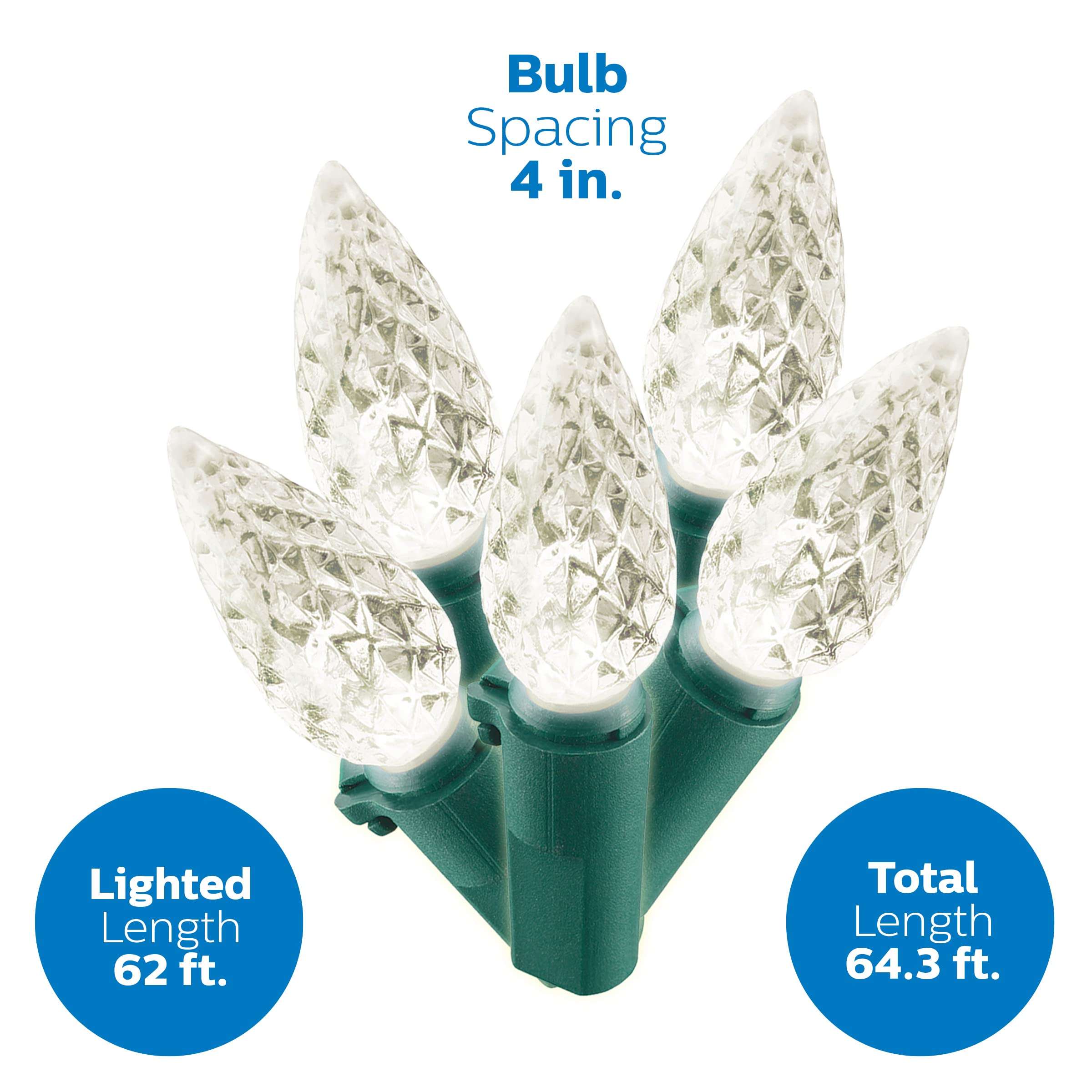 Philips 250 LED Warm White Faceted C6 Christmas Lights on Green Wire with Storage Spool - UL Listed for Indoor/Outdoor Use - 64.33' Total Length with 4" Bulb Spacing - String Lights for Christmas Tree 4