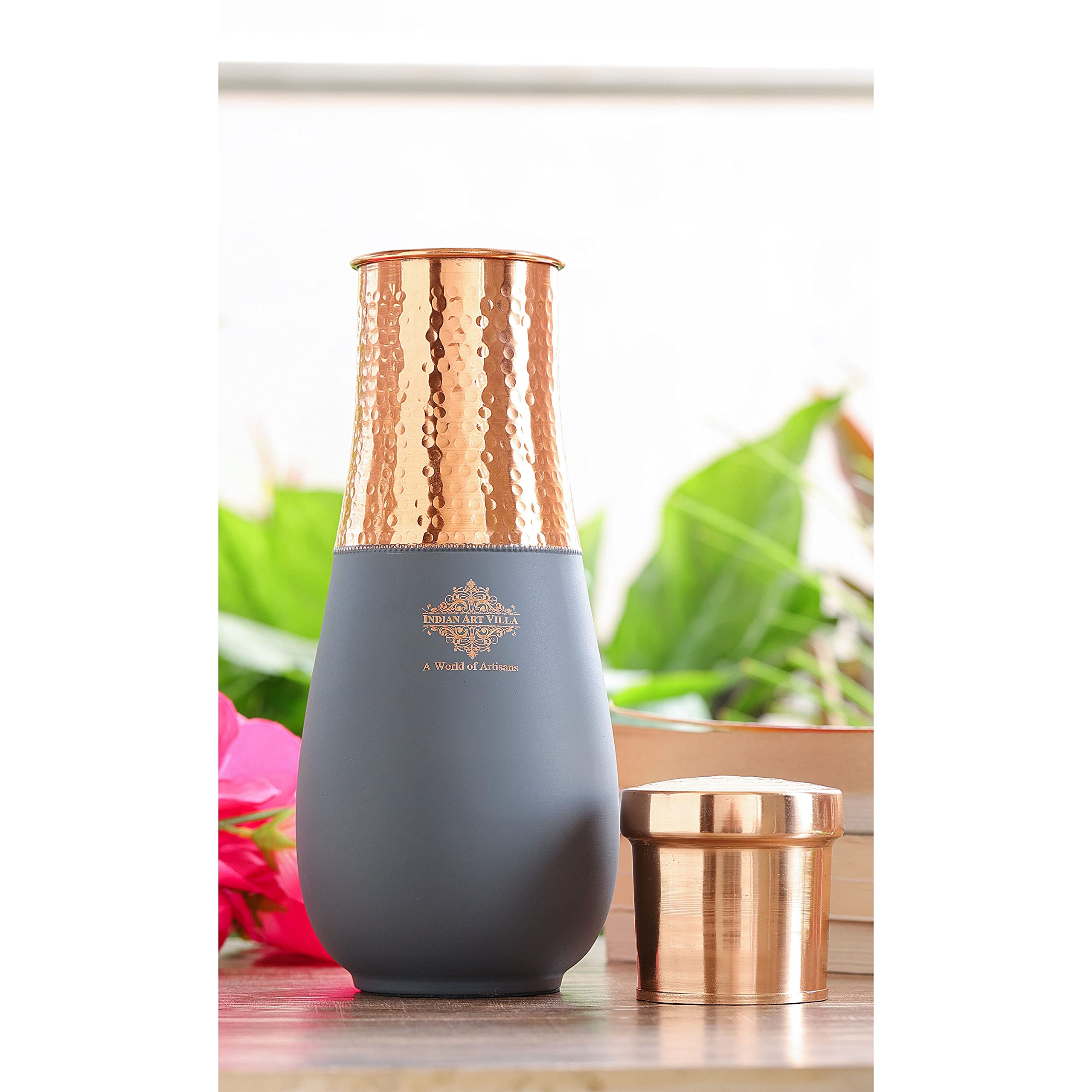 INDIAN ART VILLA Pure Copper Bedroom Water Bottle, Vase Design Half Gray Silk Half Hammered Finish - Volume 1425 ml (Pack of 1) 4