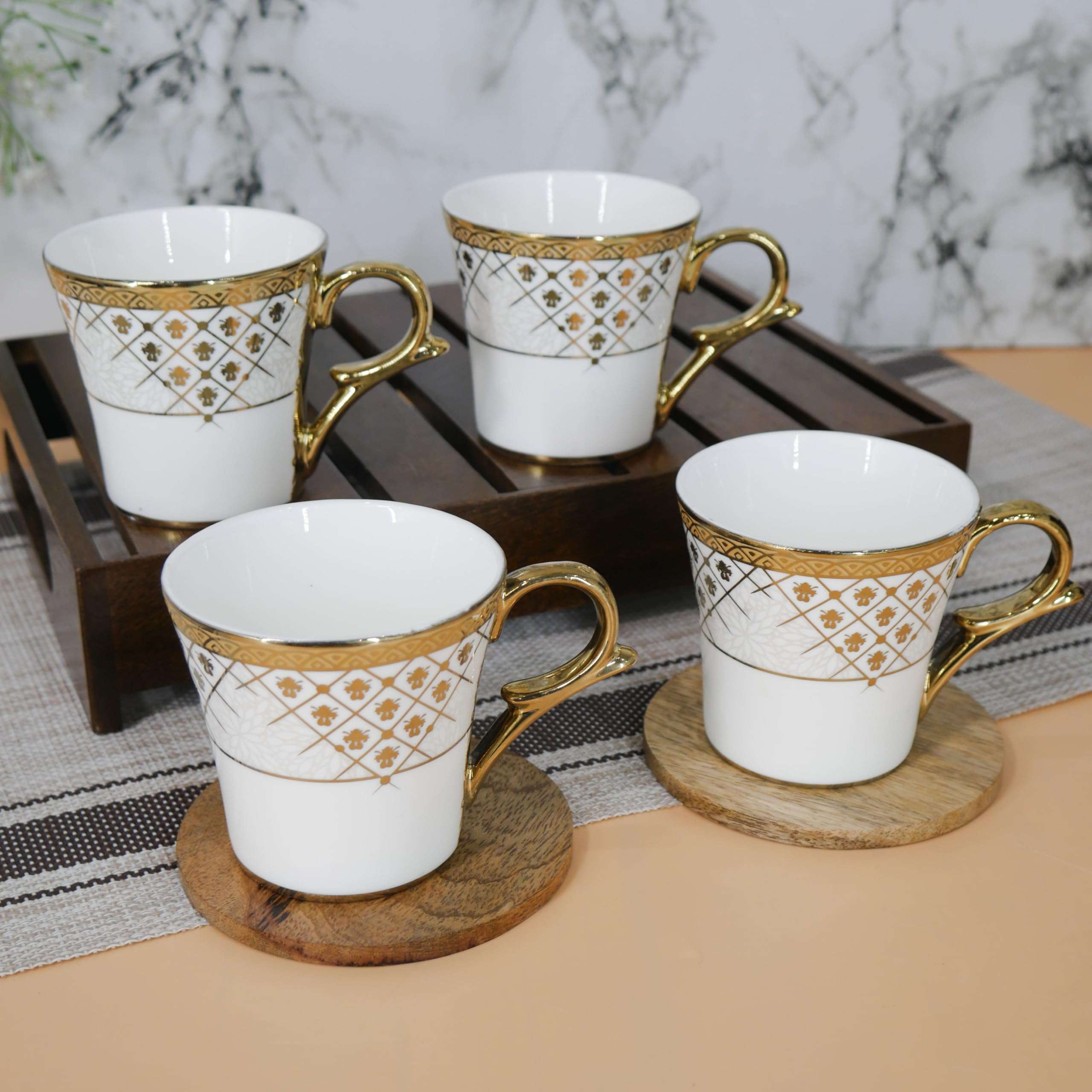 Femora Premium Golden Rajasthani Mandana Design Ceramic Coffee & Tea Cup Set of 4, 160 ML 5