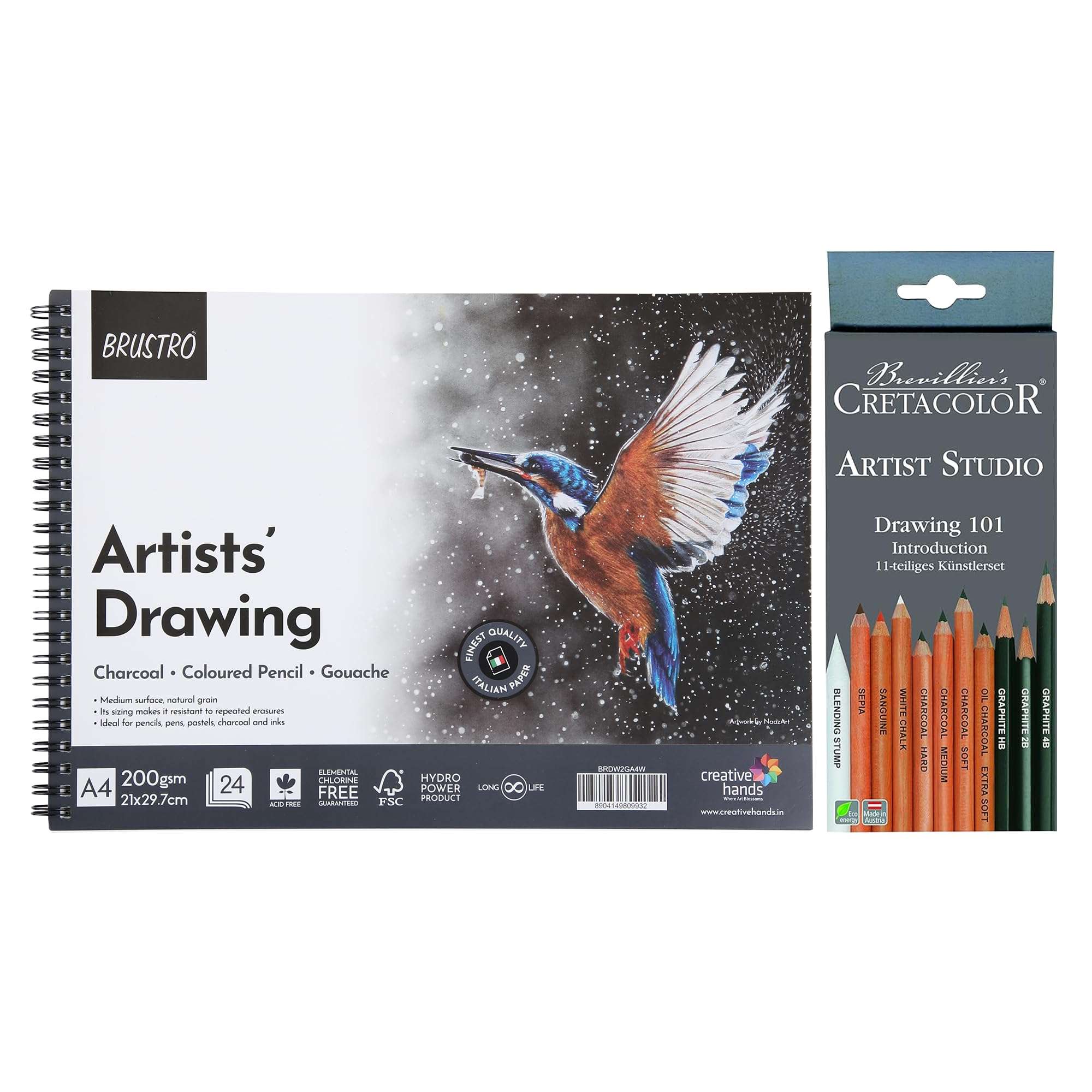 Brustro Drawing Wiro Paper Pad (A4,200 GSM,24 Sheets) with Cretacolor Artists Studio Line Drawing 101 Introduction (Set of 11,White)|Ideal for Painting,Sketching,Shading,Professionals 1