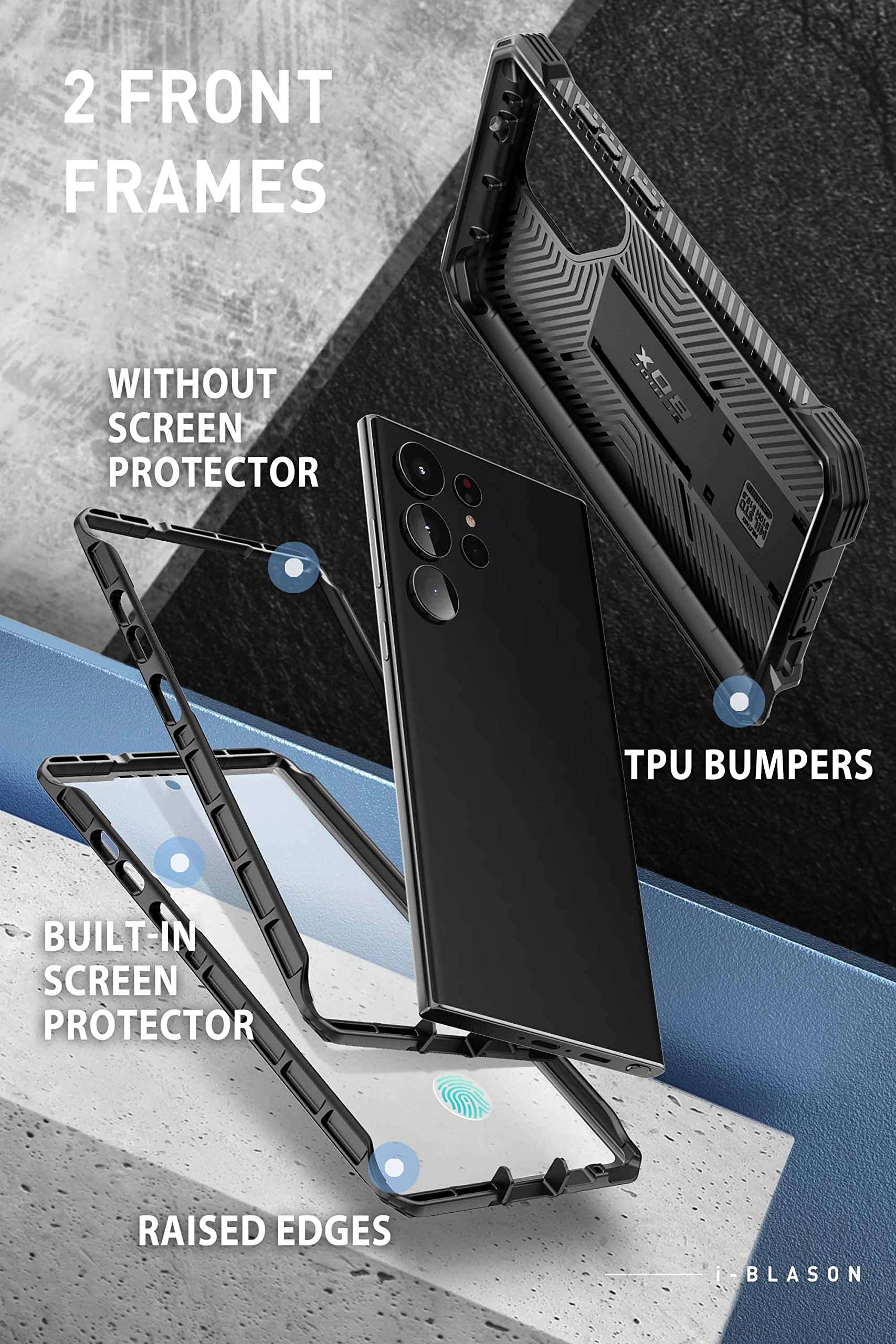 i-Blason Armorbox Designed for Samsung Galaxy S23 Ultra Case with Kickstand & Belt Clip, [2 Front Frames] Full-Body Rugged Bumper Case with Built-in Screen Protector [Support Fingerprint ID] Black 2
