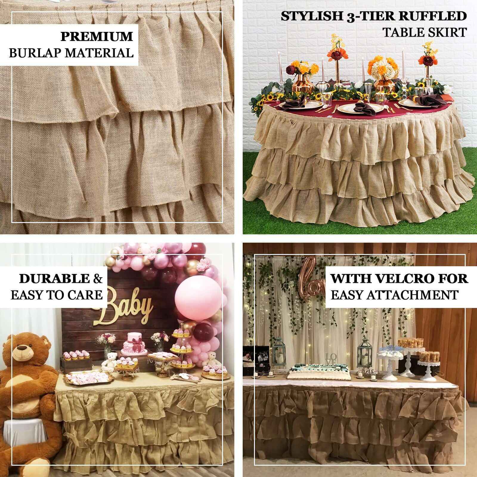 Efavormart 3 Tier Rustic Elegant Ruffled Burlap Table Skirt for Kitchen Dining Catering Wedding Party Decorations Events - 14 Ft 5