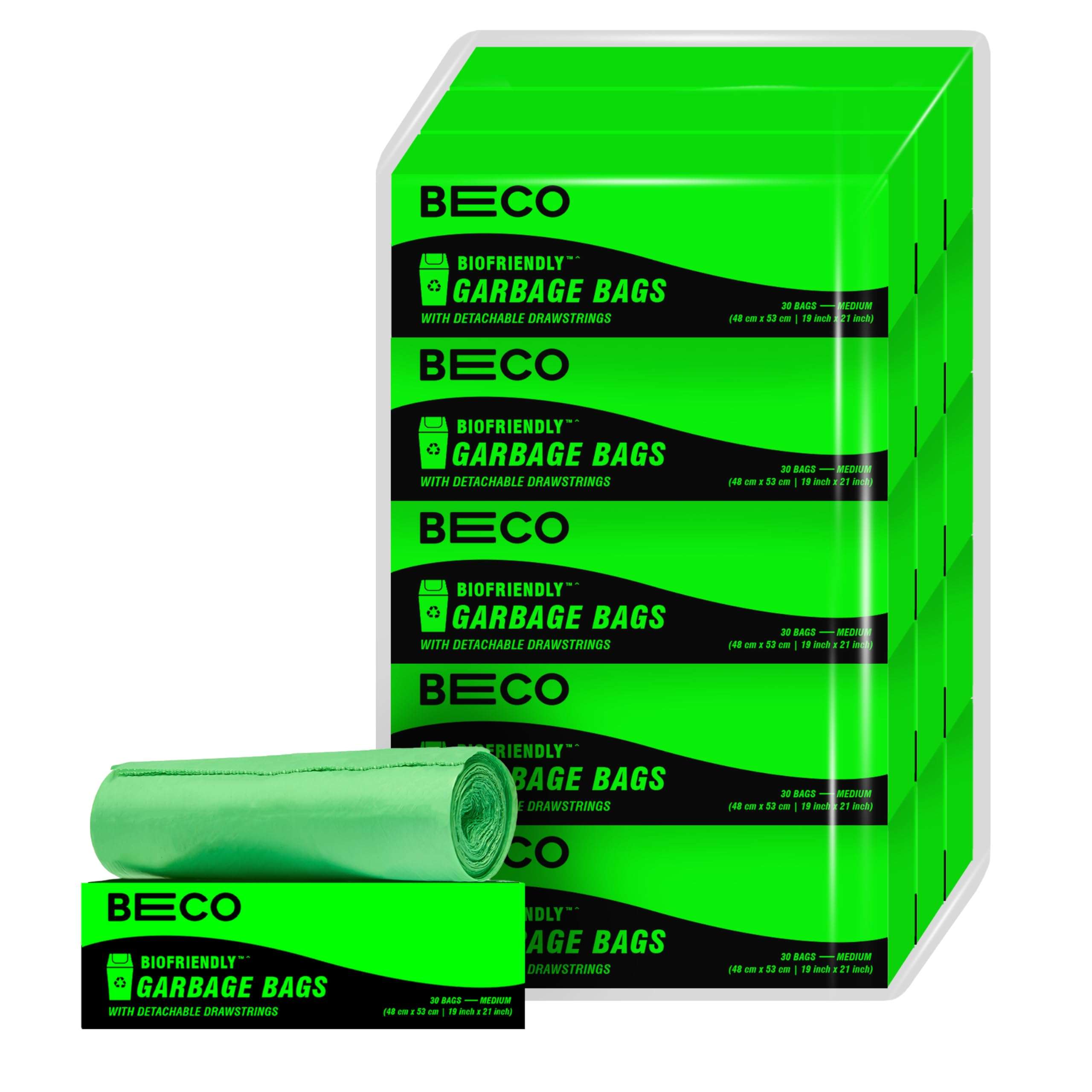 Beco Eco-Friendly Garbage Bags | 450 Pcs | Medium-19 x 21 Inches | 30 Bags x 15 Rolls | Green | Dustbin/Trash Bags with Detachable Drawstrings | For Dry & Wet waste 1