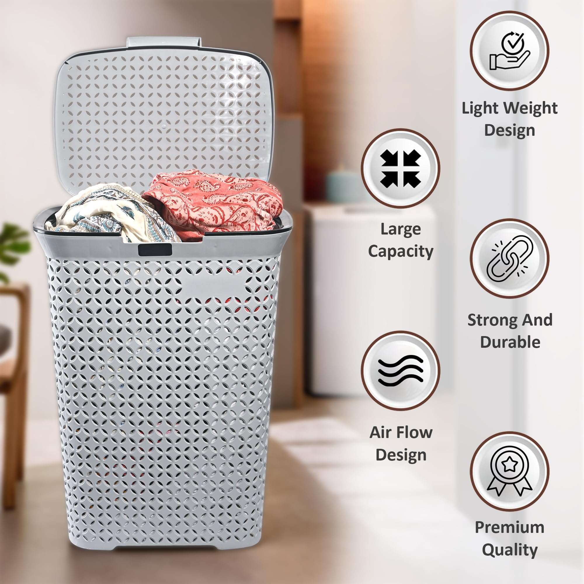 Kuber Industries 70 Ltrs Plastic Large Laundry Basket for Clothes with Lid | Multipurpose Storage Organiser for Home, Bedroom and Bathroom | Grey 5