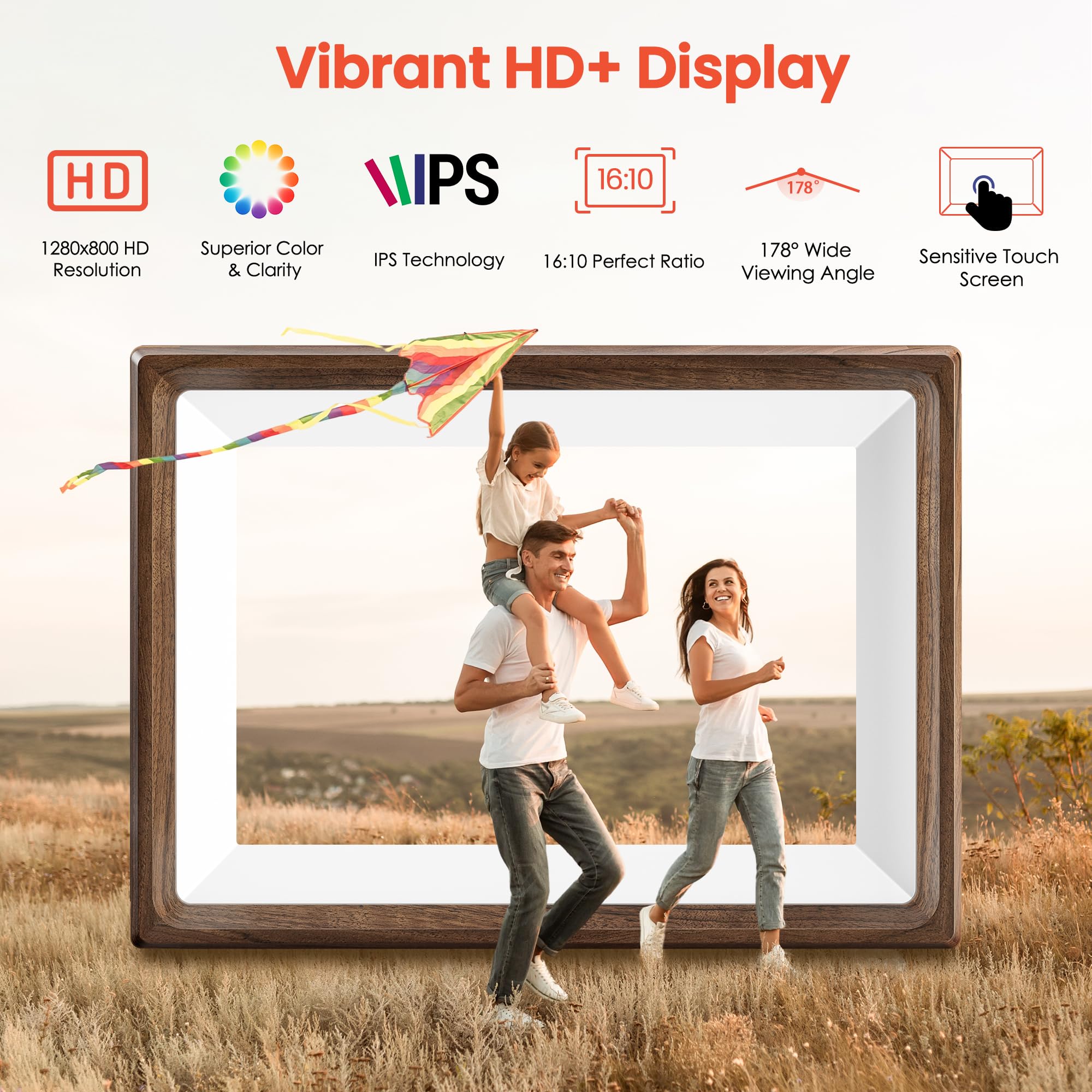 Frameo 10.1" Smart Digital Picture Frame with Walnut Moulding, 16:9 1280p HD IPS Touchscreen Display, 32GB Storage, MicroSD Slot, Plug-in Power, Easy Wireless Photo & Video Sharing, Idea 5