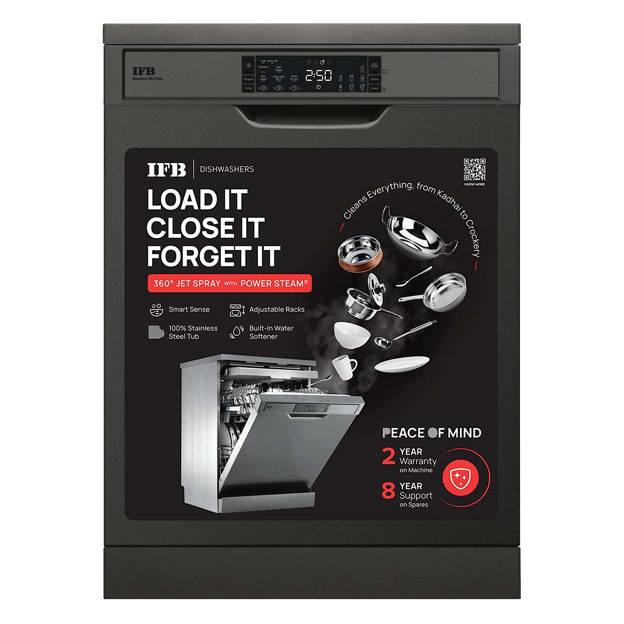 IFB 16 Place Settings â€ŽHot water wash Free Standing Dishwasher (Neptune VX2 Plus, Inox Grey, In Built Heater with Turbo Drying, Perfect for Indian Utensils) 1