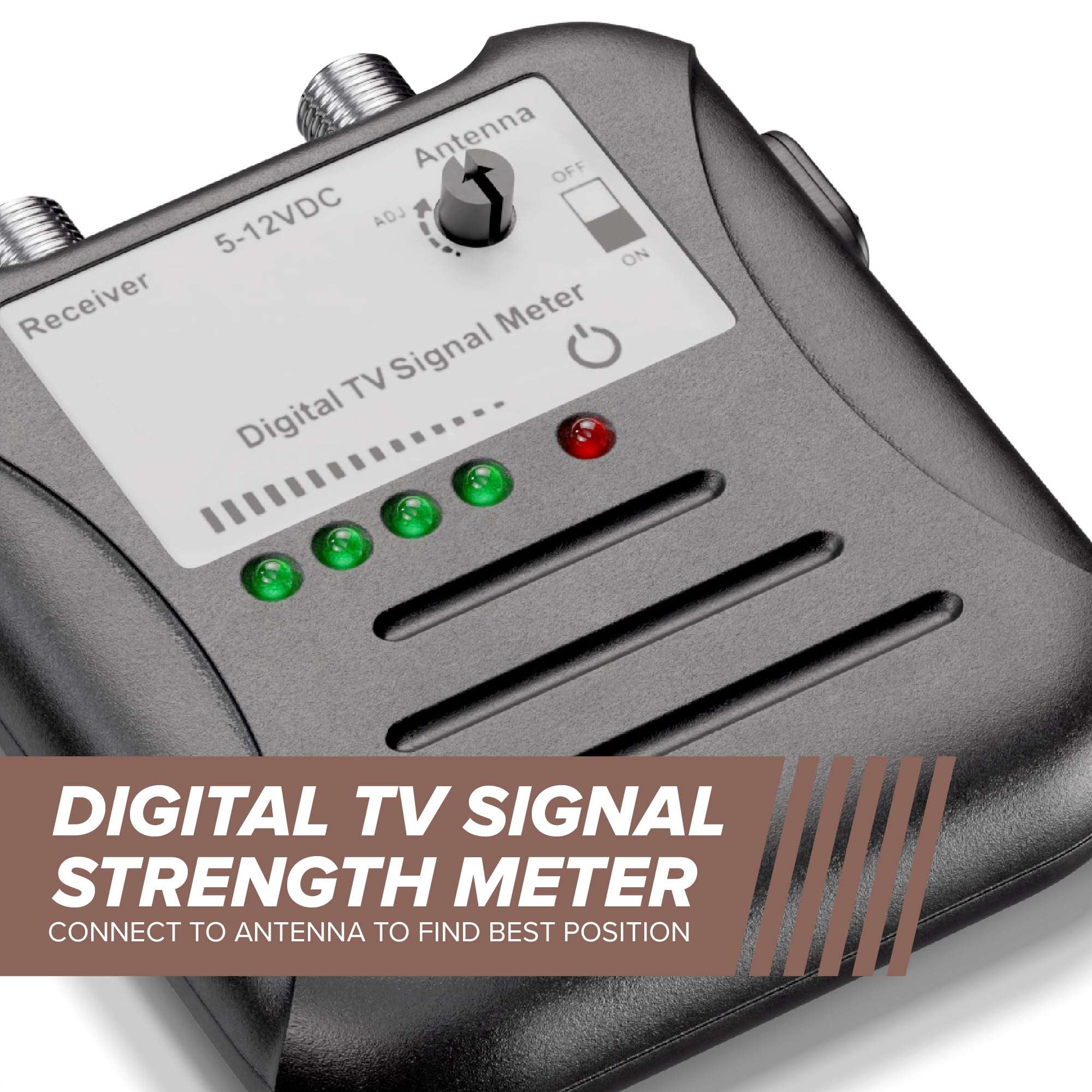 THE CIMPLE CO Signal Strength Meter, LED Indicators, for RV's and Over-The-Air Antennas, Sensitivity Adjuster, TV Antenna Finder, with Coax, Black 2