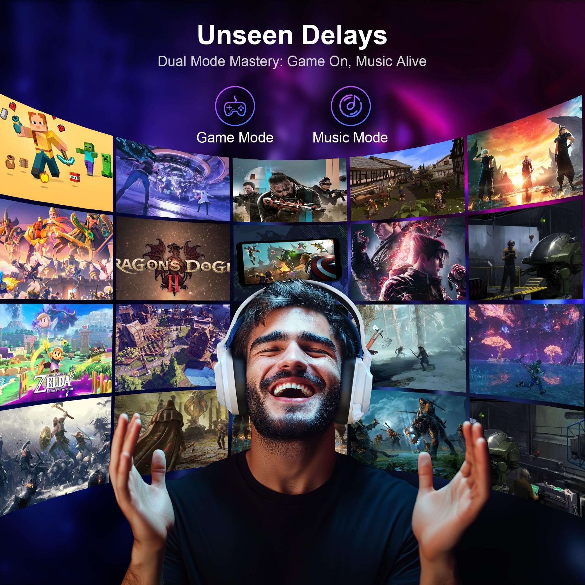 Vakedy HW10 Wireless Gaming Headset for PS5,PS4,PC,2.4GHz Bluetooth Gaming Headphones with Noise Cancelling Microphone,50Hr Battery Gamer Headset for Switch, Laptop,Mobile,Mac,Cool RGB (White/Blue) 4