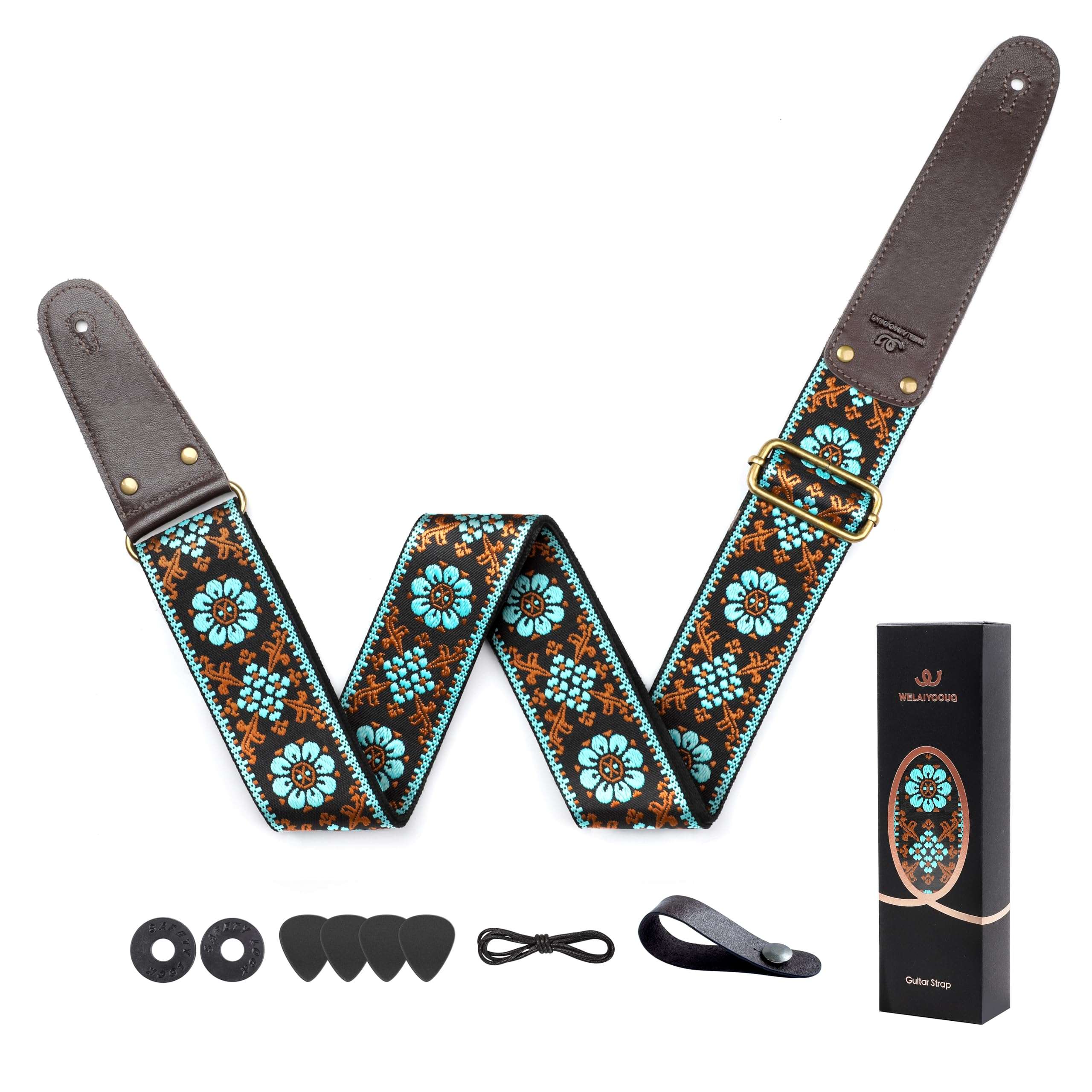 Guitar Strap, Double Cowhide Leather End, Set for Bass/Electric/ukulele/Acoustic Guitars, Vintage Jacquard Adjustable Straps, Free Headstrap and Leather Headband（Embroidered Blue Flower Gold Vine） 1
