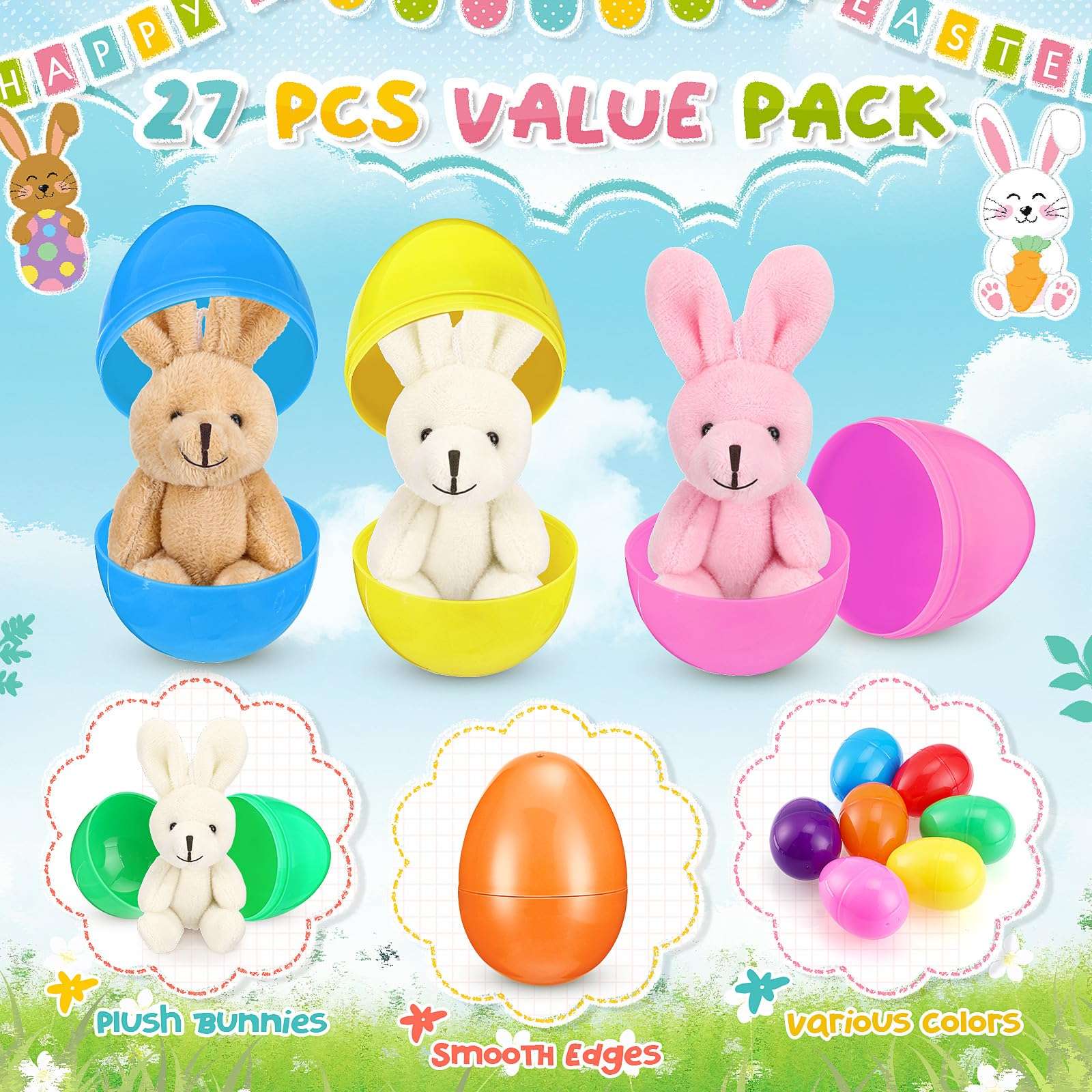 Halloscume 27 Set Filled Easter Eggs with Plush Bunny 4.33 Inch Colorful Bunnies Plush Plastic Easter Eggs Prefilled with Stuffed Animals for Kids Toddler Egg Hunt Easter Basket Stuffer Party Favors 4