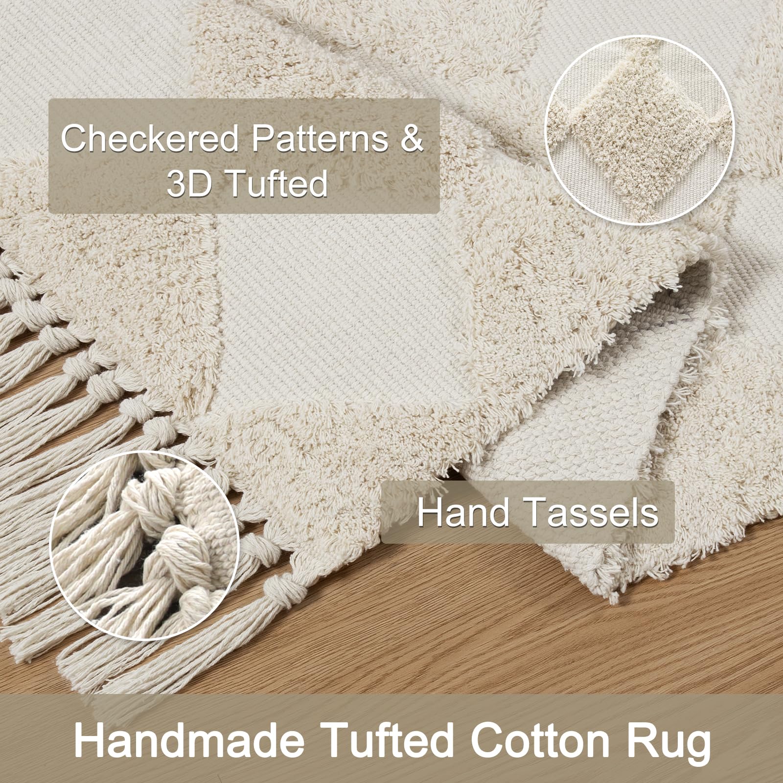 Collive Checkered Boho Runner 2x6, Modern Washable Bedside Rug, Cotton Hand-Woven Nursery Beige Kitchen Hallway Runner for Bedroom, Bathroom, Entryway, Laundry 4