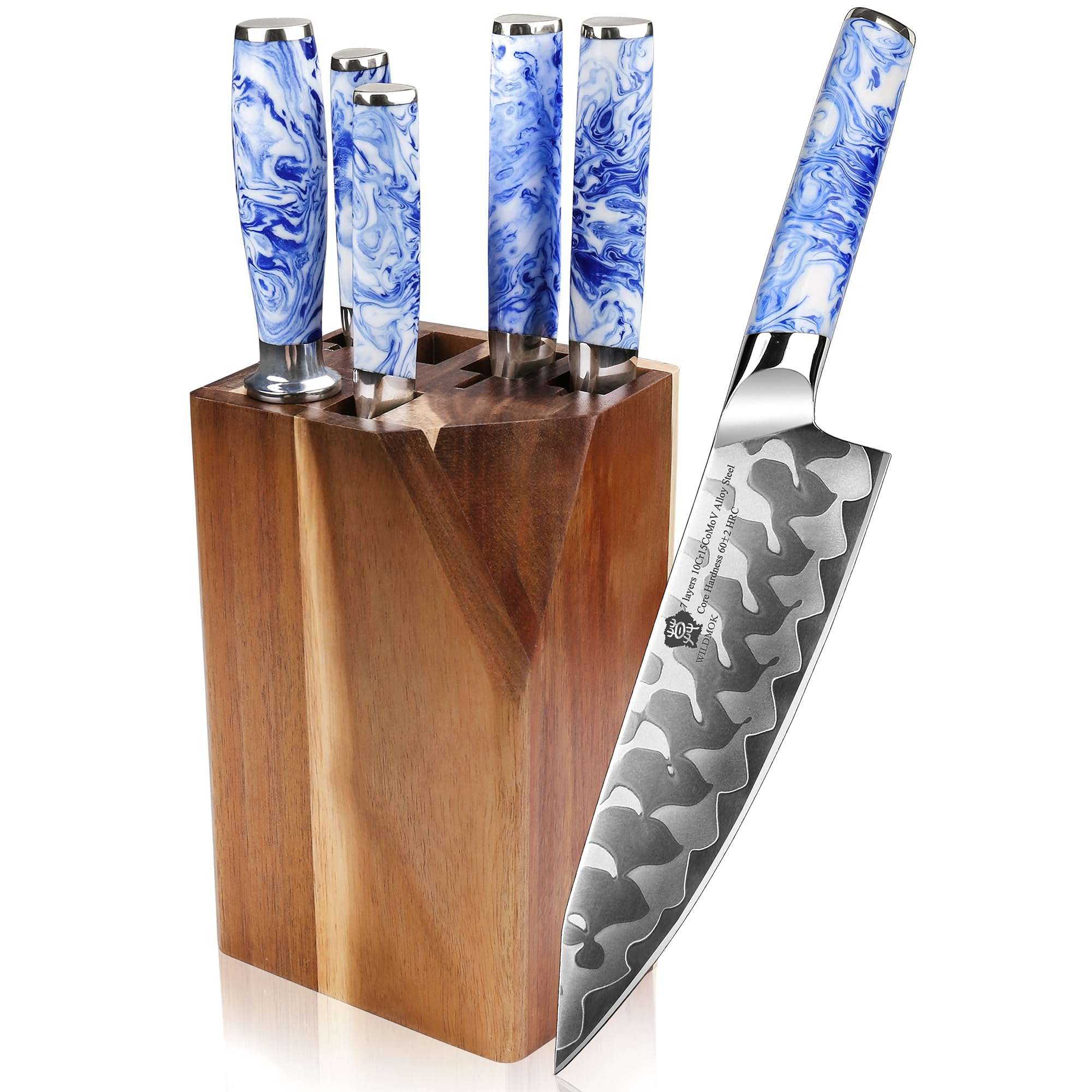 WILDMOK 7-Piece Knife Block Set, Blue and White Porcelain Pattern Resin Handle Kitchen Knives, Including Chef, Bread, Santoku, Utility and Fruit Knife Sets with Sharpener 1