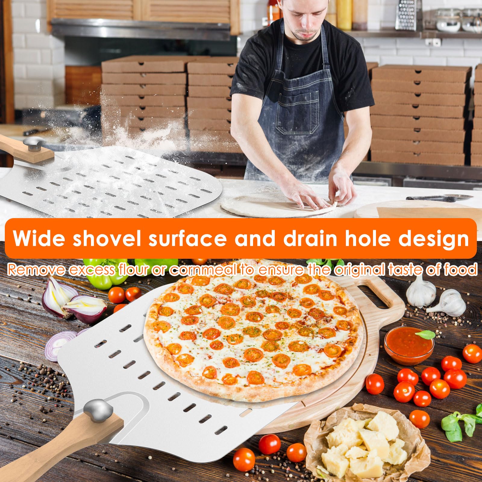 Pizza Peel Aluminum Pizza Spatula, 12 inch Perforated Pizza Paddle with Foldable Wood Handle, Metal Pizza Transfer Spatula Paddle Multipurpose Lightweight for Family Pizza Oven Baking Pizza Bread 4