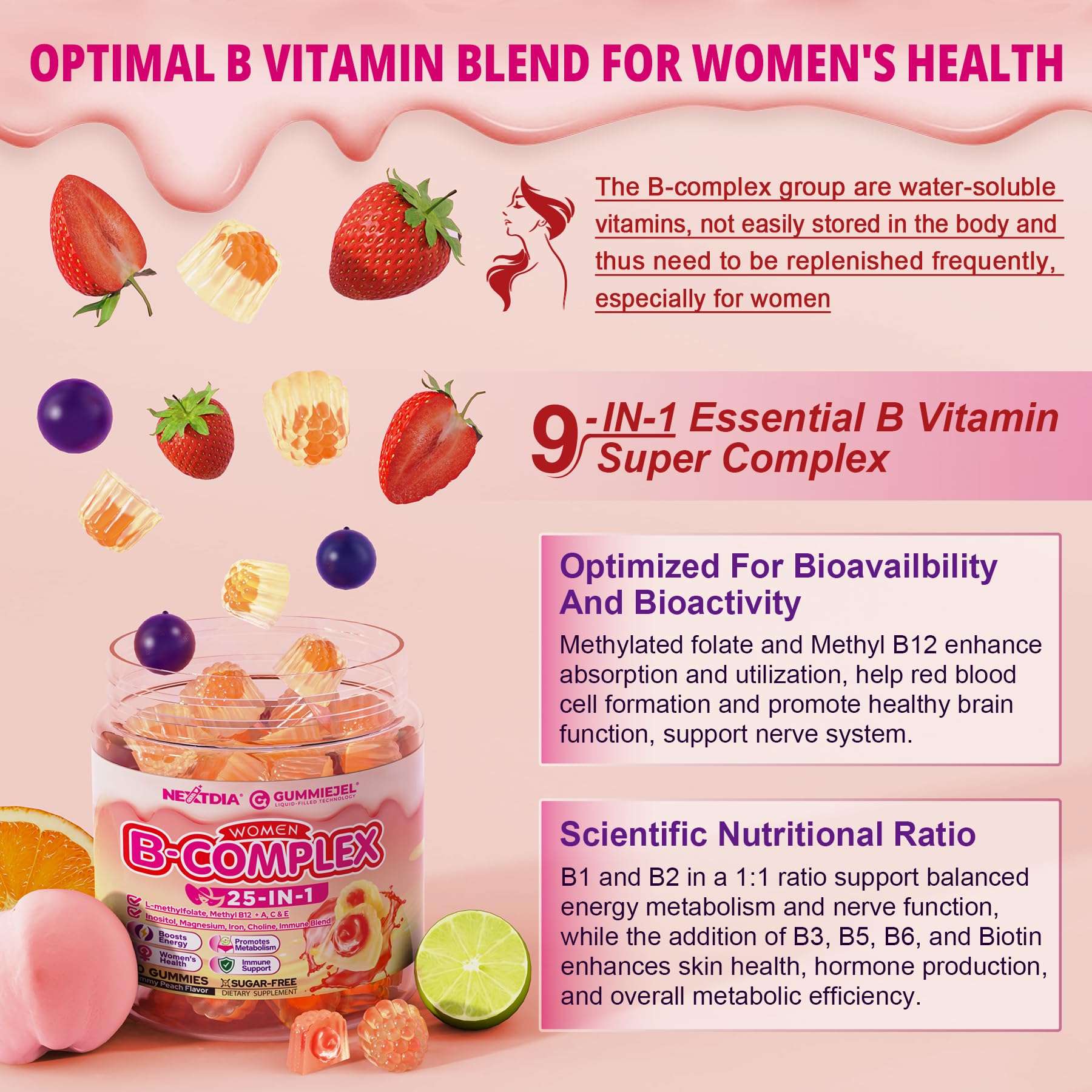 Nextdia Bundle: Vitamin B Complex Gummies for Women & Calcium Gummies for Kids 4+ 5