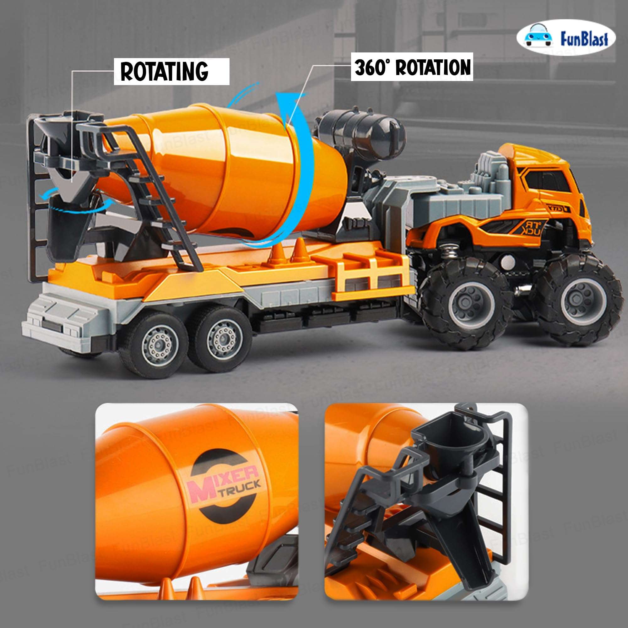 FunBlast Cement Mixer Truck Toy for Kids - 1:43 Scale Model Die-Cast 4 X 4 Drive Pull Back Friction Power Truck Toys, Pull Back Toy Vehicles Play Set for 3+ Years Boys, Girls 3