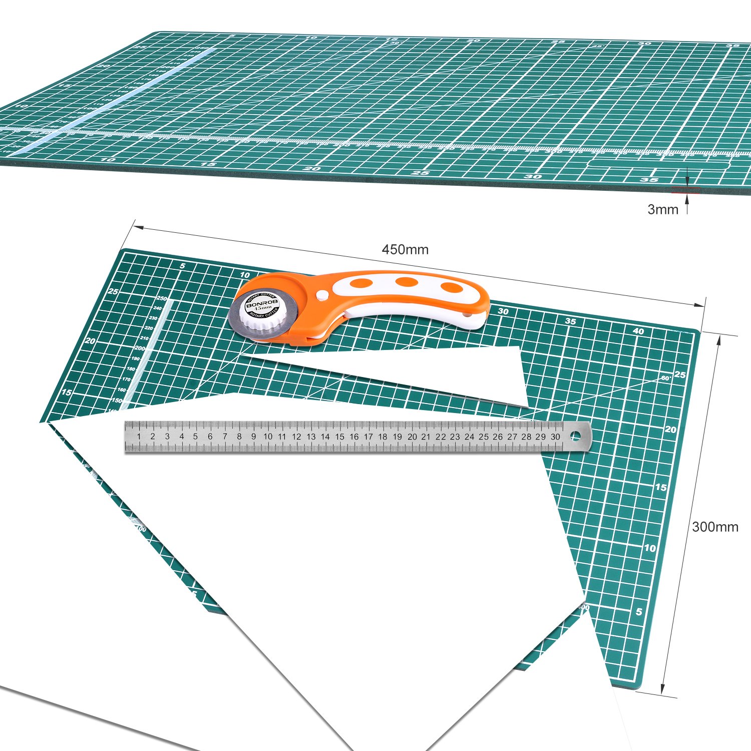 BONROB 45mm Rotary Cutter and Mat Set, Fabric Cutter Quilting Kit with 12x18 Inch (A3) Double Sided Cutting Mat and 1 PCS Replacement Blade for Crafting, Sewing, Patchworking, Knitting BO004 4