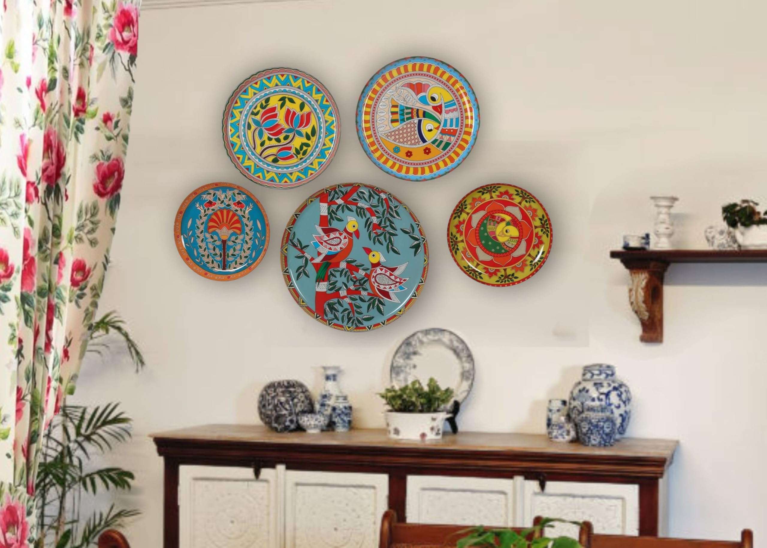 NEXTSTEP 1 Madhubani Iron Wall Plates Hand-Painted Traditional Indian Art for Home Décor Set of 5(Multicolor). 5