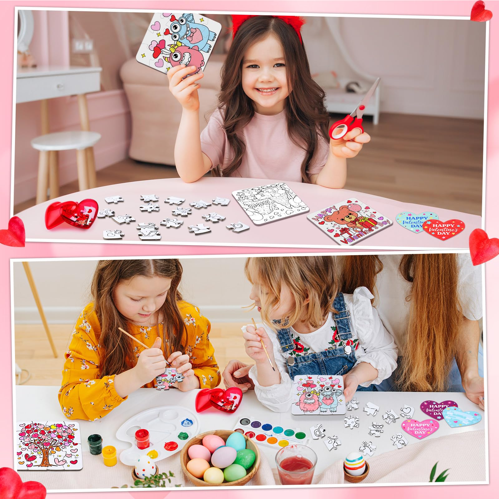 Realspring 24 Set Valentine Puzzles Gifts for Kids Include 24 DIY Color Your Own Valentine‘S Day Jigsaw Puzzles 24 Red Heart Eggs Card for Classroom Reward Exchange Gift Jigsaw Toys Birthday 5