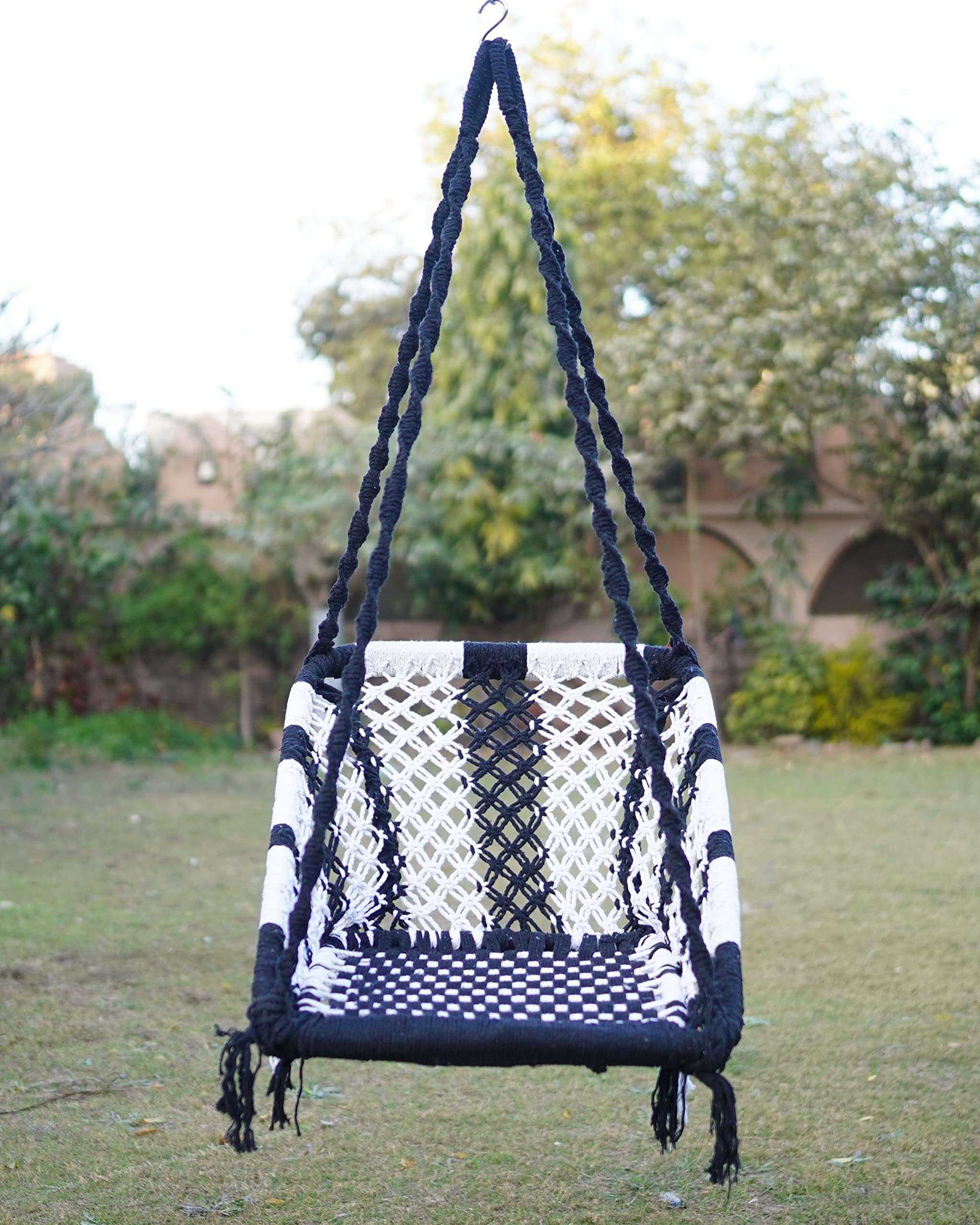 Swing for Adults/Jhula for Adults/Swing for Living Room, Swing for Balcony/Swing Chair/Swing for Adults for Home/Cotton Large Rectangle Hanging Swing with Hanging Kit (Black-White) by Patiofy 3