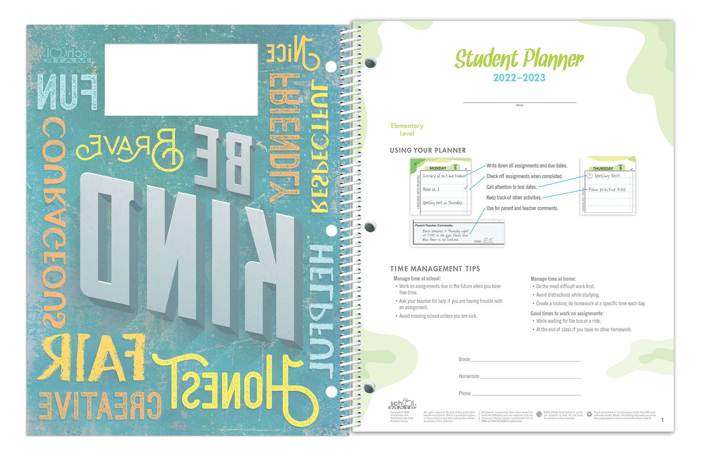 Dated Elementary Student Planner for 2022-23 Academic Year, School Mate Brand, 8.5"x11" Weekly Matrix Format 3