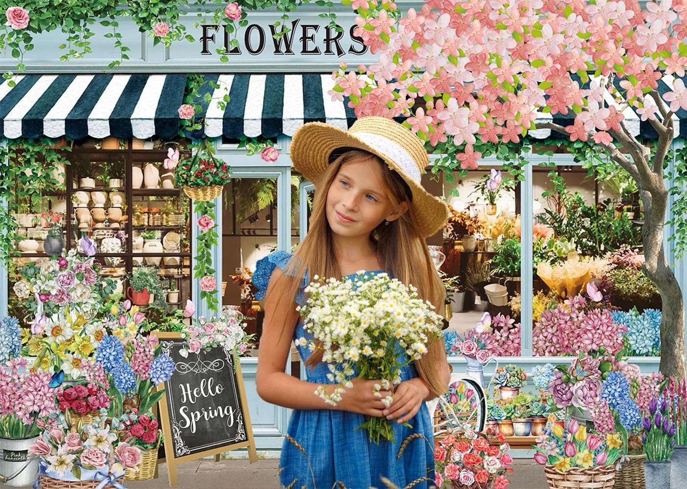 Flowers Shop Backdrop for Photography 10x8FT Spring Florals Butterfly Tea Party Background Hello Spring Banner Decorations Supplies Photo Props 5