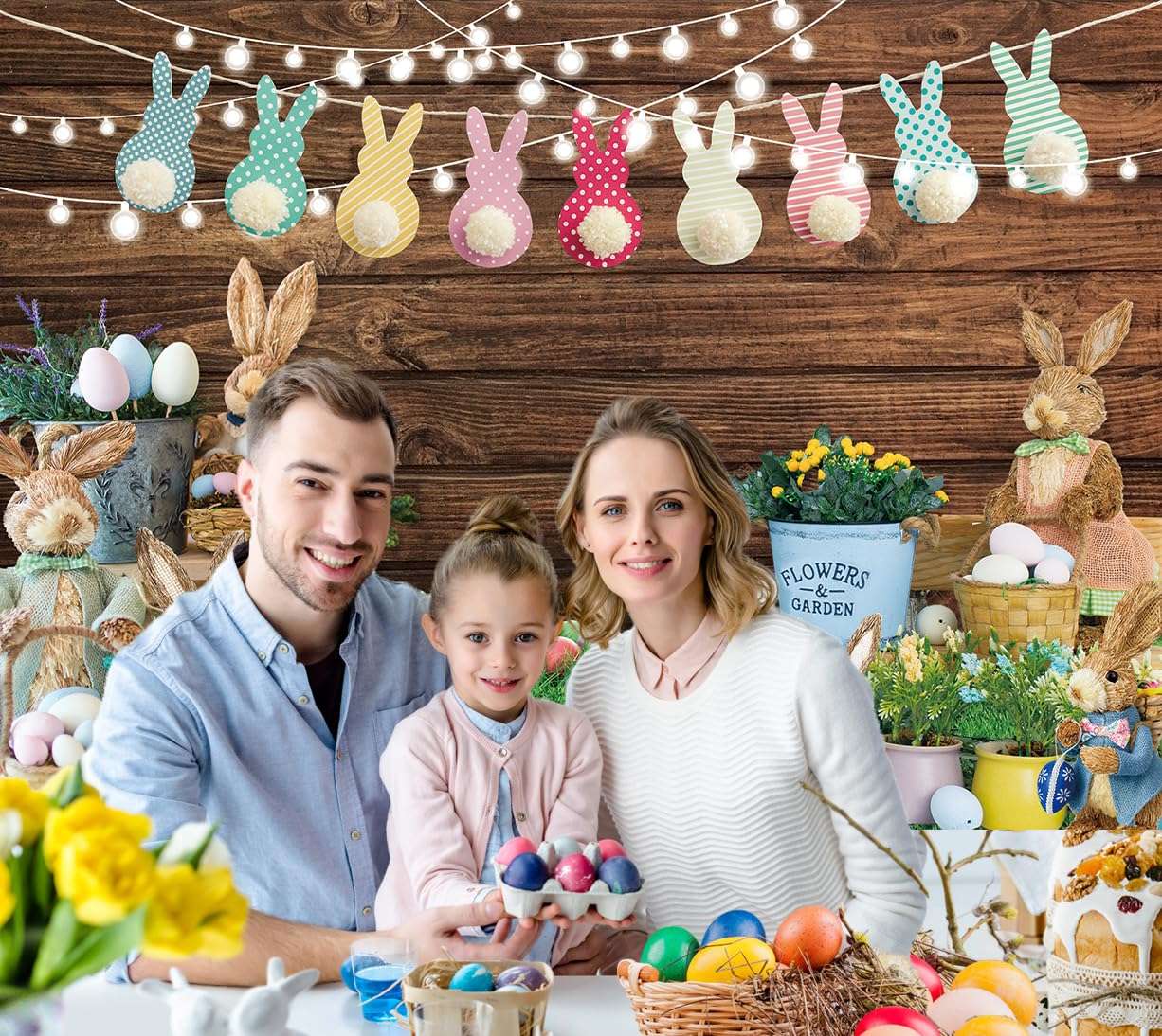 Easter Backdrop for Photography 10x8FT Spring Green Grass Flower Rabbit Egg Wooden Wall Background Easter Kids Newborn Portrait Photo Props 5