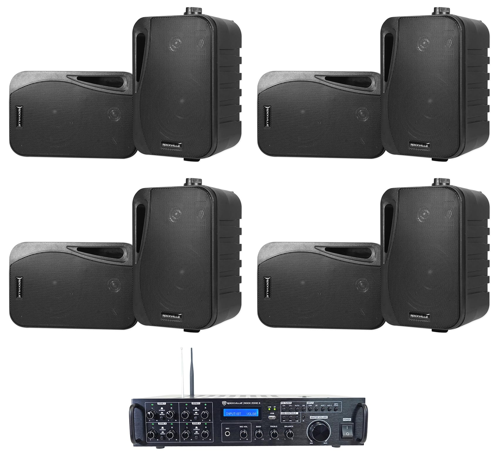 Rockville Bundle Rock Zone 8 8-Channel 1000W RMS Multi Room Receiver/Amplifier Bundle with (8) HP4S-8 BK 4" Outdoor/Indoor Home Theater Speakers w/Swivel Bracket (9 Items)