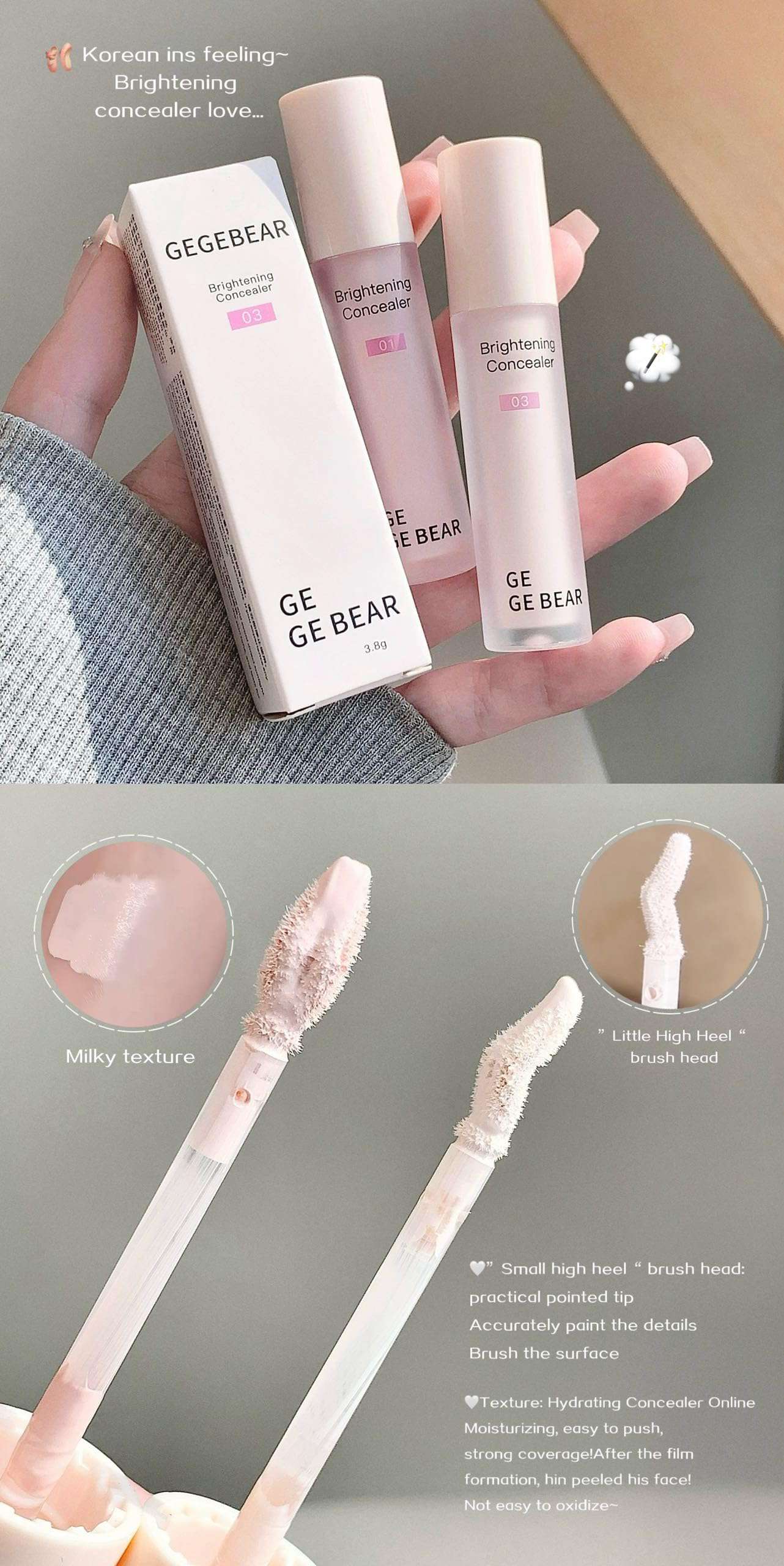 Gege Bear Concealer for Women | Age Rewind Concealer for Dark Circles & Blemishes | High Coverage face makeup | Mousse Texture with Natural Glow | Color Correcting Shades | Liquid Brightening | Waterproof & Sweatproof | Flawless Finish With Brush Applicator (03# Snow White, 3.8g) 6