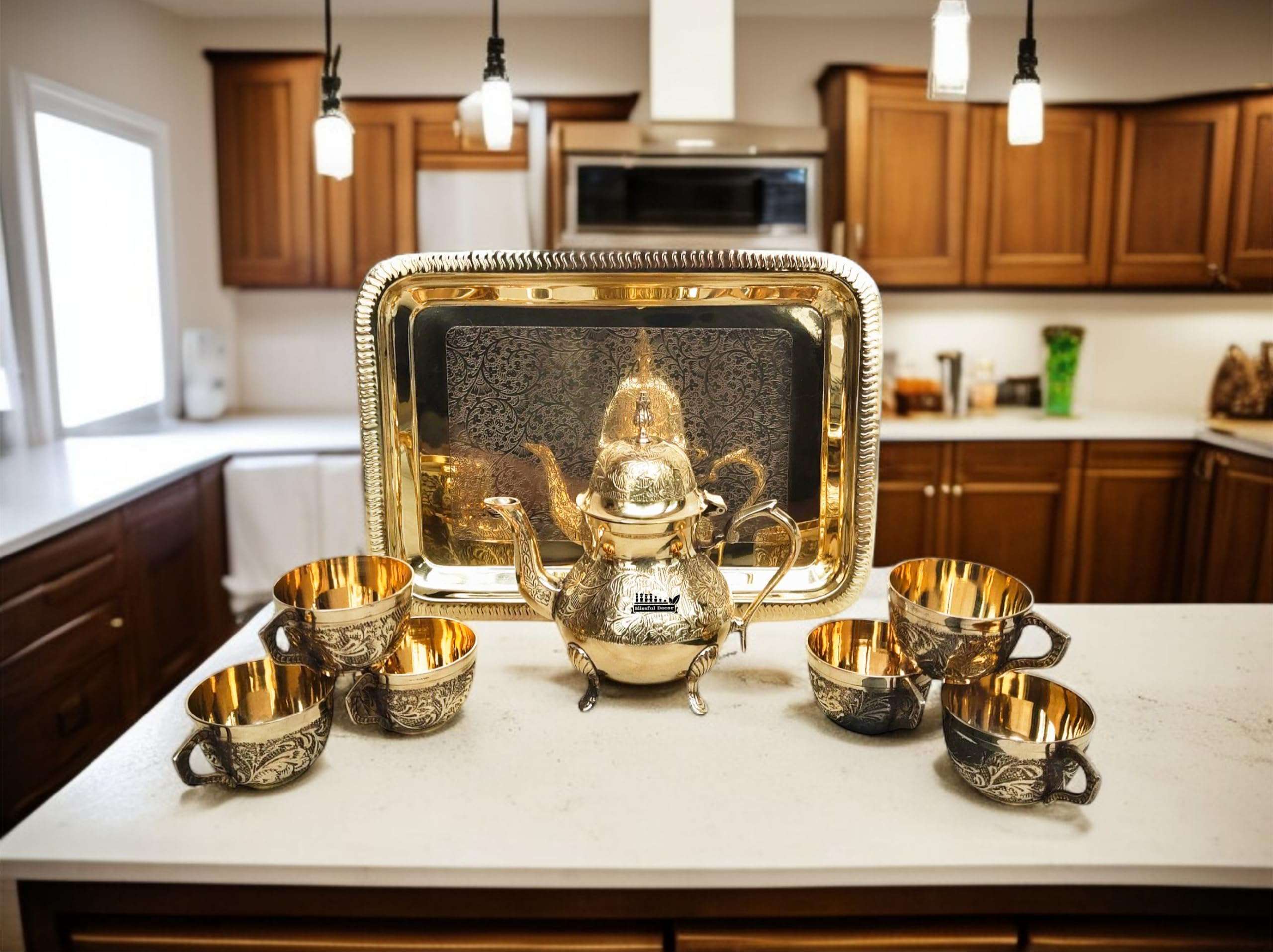 Brass Kettle Serving Set - Engraved Teapot - Coffee Pot with Set of 6 Cup with Tray - (36 x 25 cm) Perfect for Tea Parties, Gifting, Brass Tea Set with Kettle | weight-1750 GMS 6