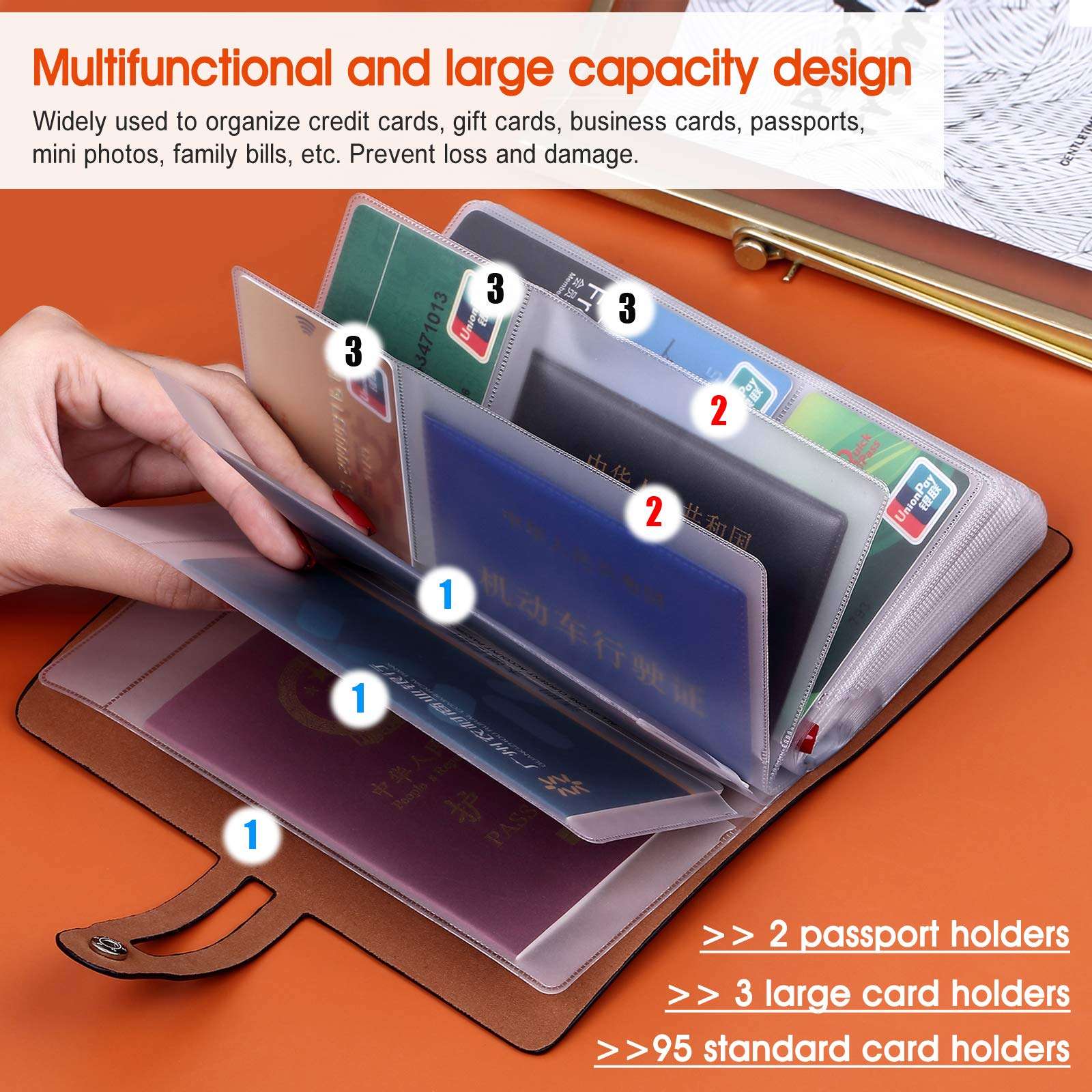 Large Business Card Holder with 95 Card Slots, RFID Credit Card Holder with 3 Passport Holder, Leather Business Card Organizer with 2 Driver's License Holder to Keep Cards Organized (Black) 4