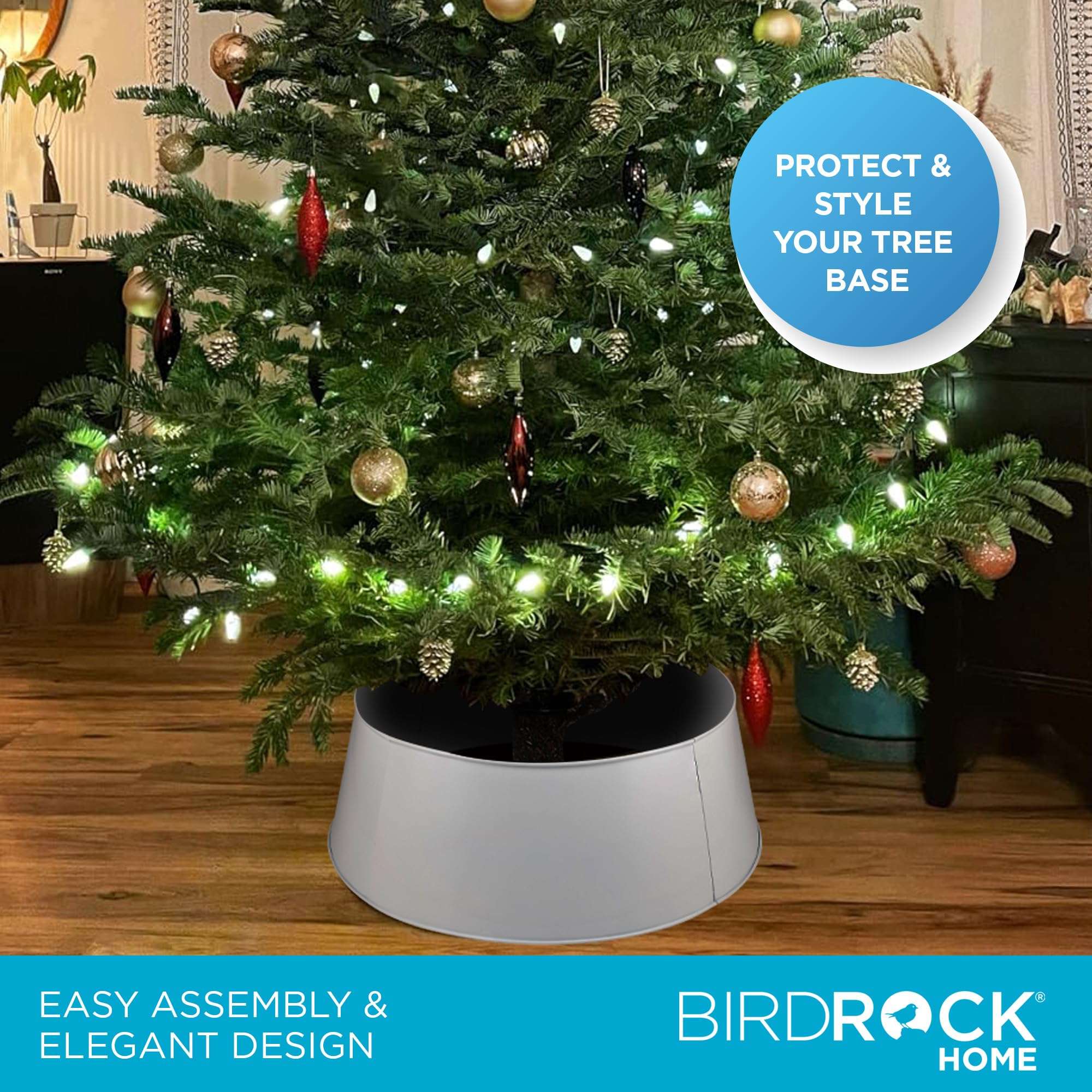 BIRDROCK HOME 4-Panel Christmas Tree Collar - White - Metal Holiday Skirt Decor - Water Base Protection from Pets 6