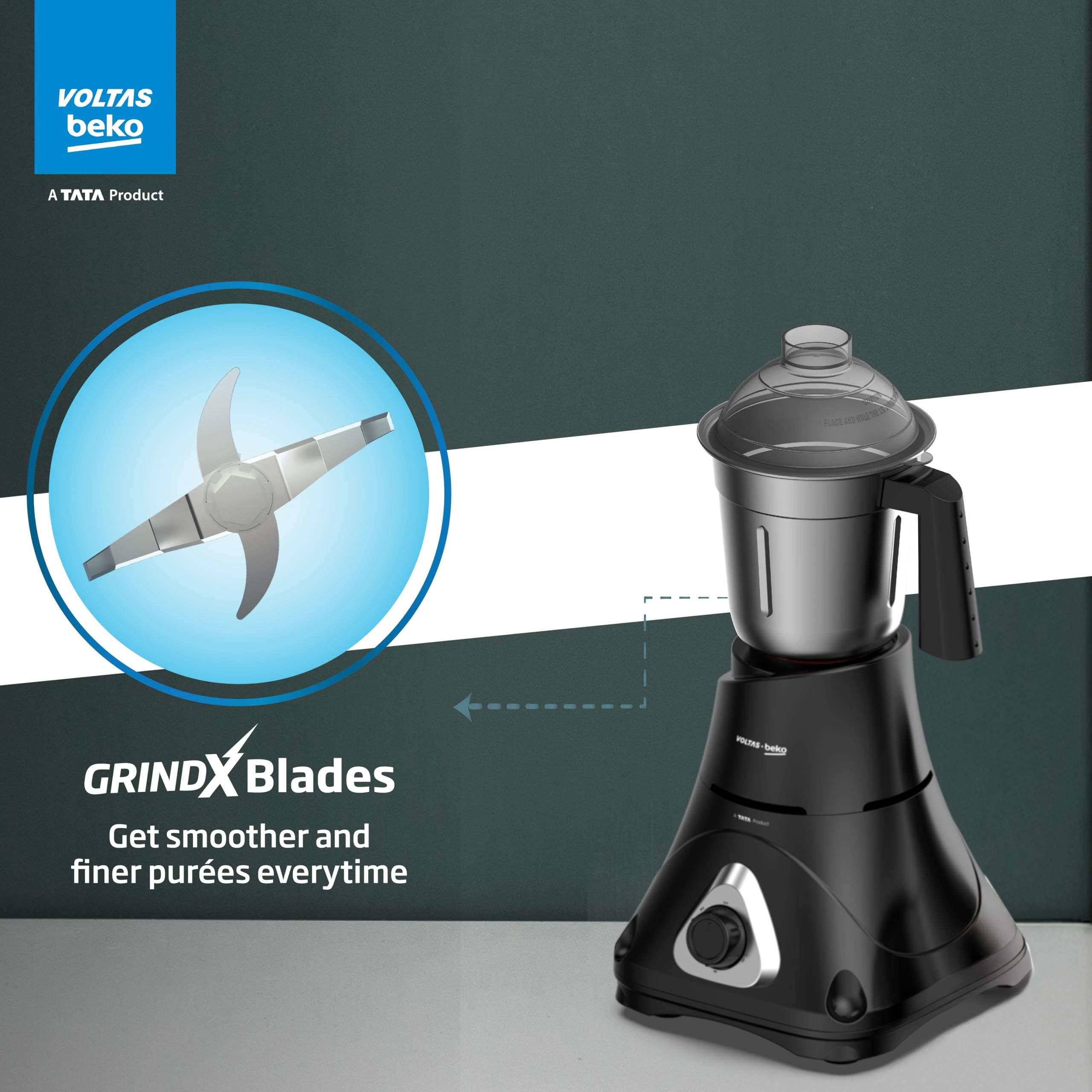 Voltas Beko, A Tata Product Superefficient 750 W Mixer Grinder with GrindX Technology (G7503HP-BL | 3 Jars | Black) 5