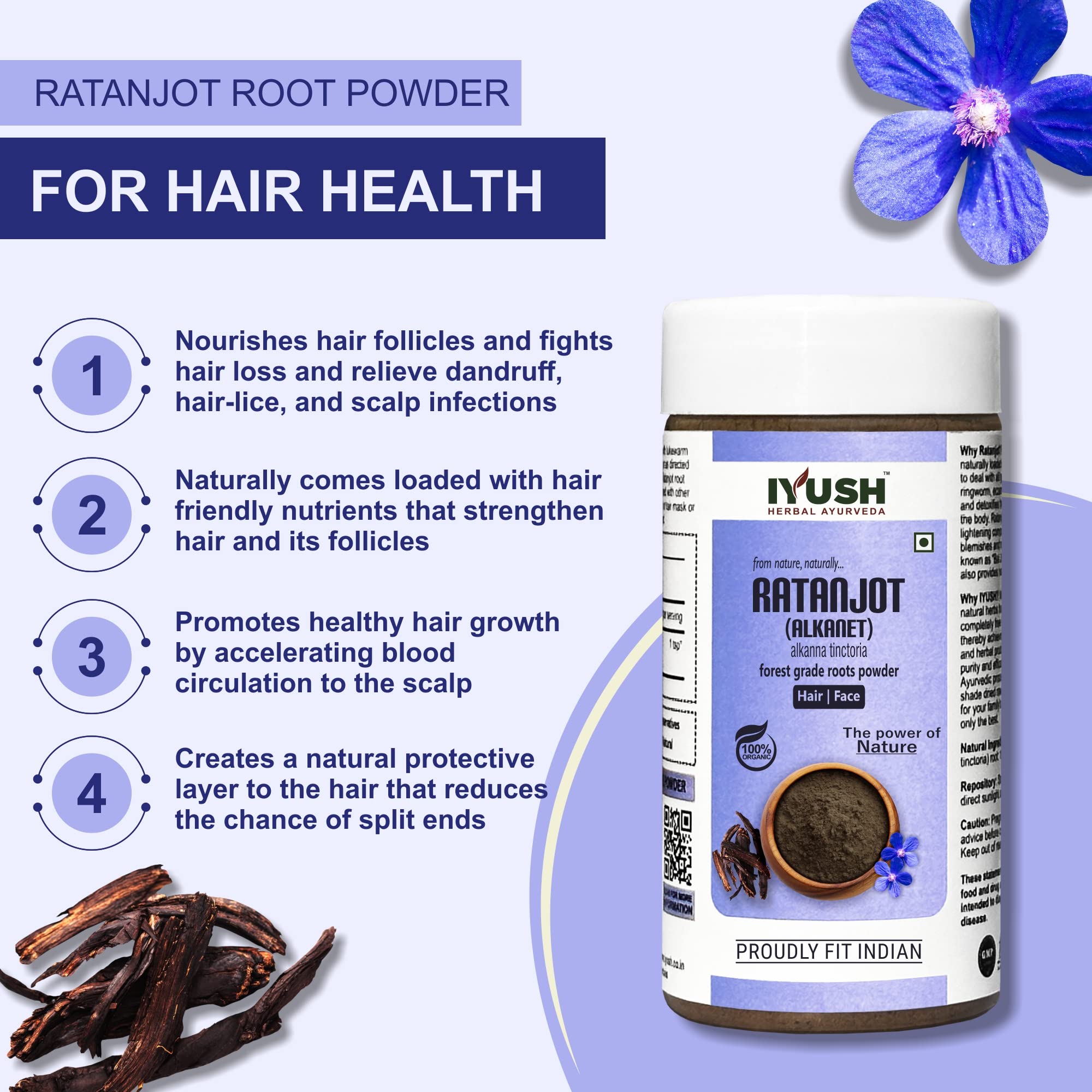 IYUSH Herbal Ayurveda Ratanjot Powder for Hair – 250gm | Ratanjot Root for Hair | Alkanet Root | Ratan Jot | Vembalam Pattai for Hair Growth | Vempalampattai for Hair Growth | Rattan Jot | 3