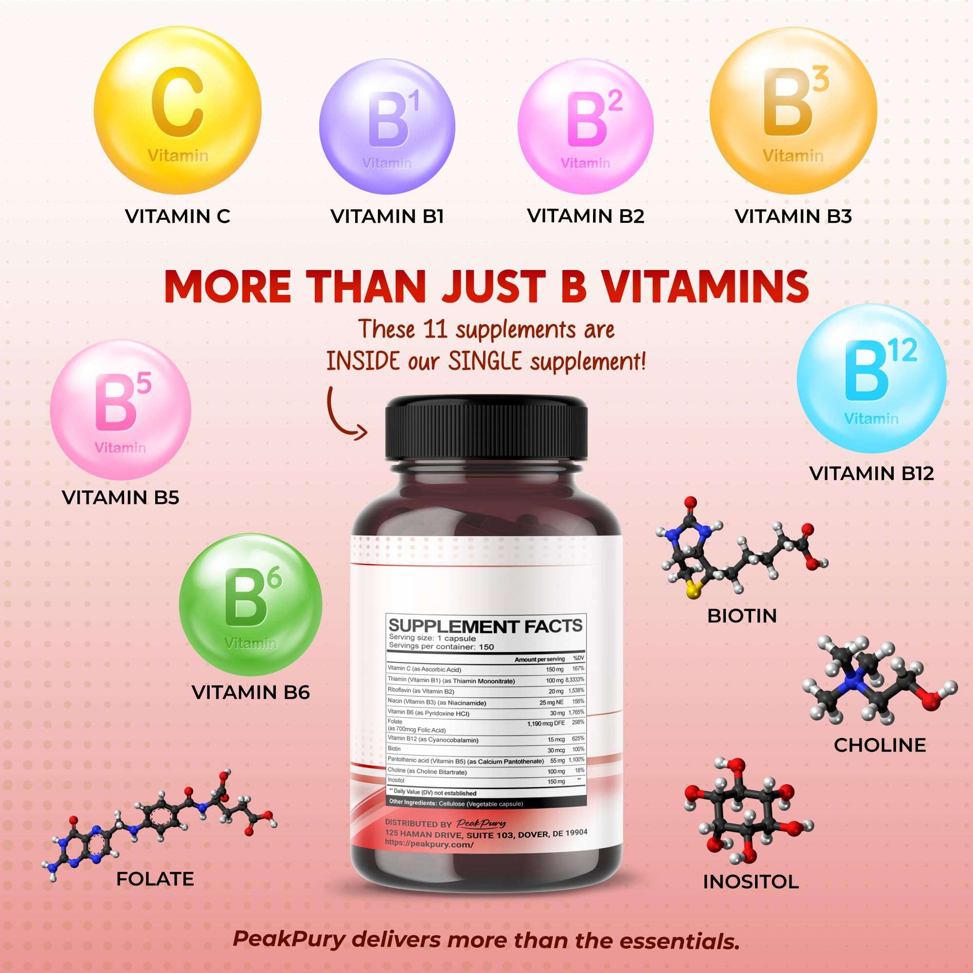 PEAKPURY Ultra Vitamin B Complex with Vitamin C – Supports Brain Health & Promotes Healthy Hair, Skin, and Nails – High Potency B1, B2, B3, Folate, B12, Biotin, B5 & Choline - Made in The USA 4