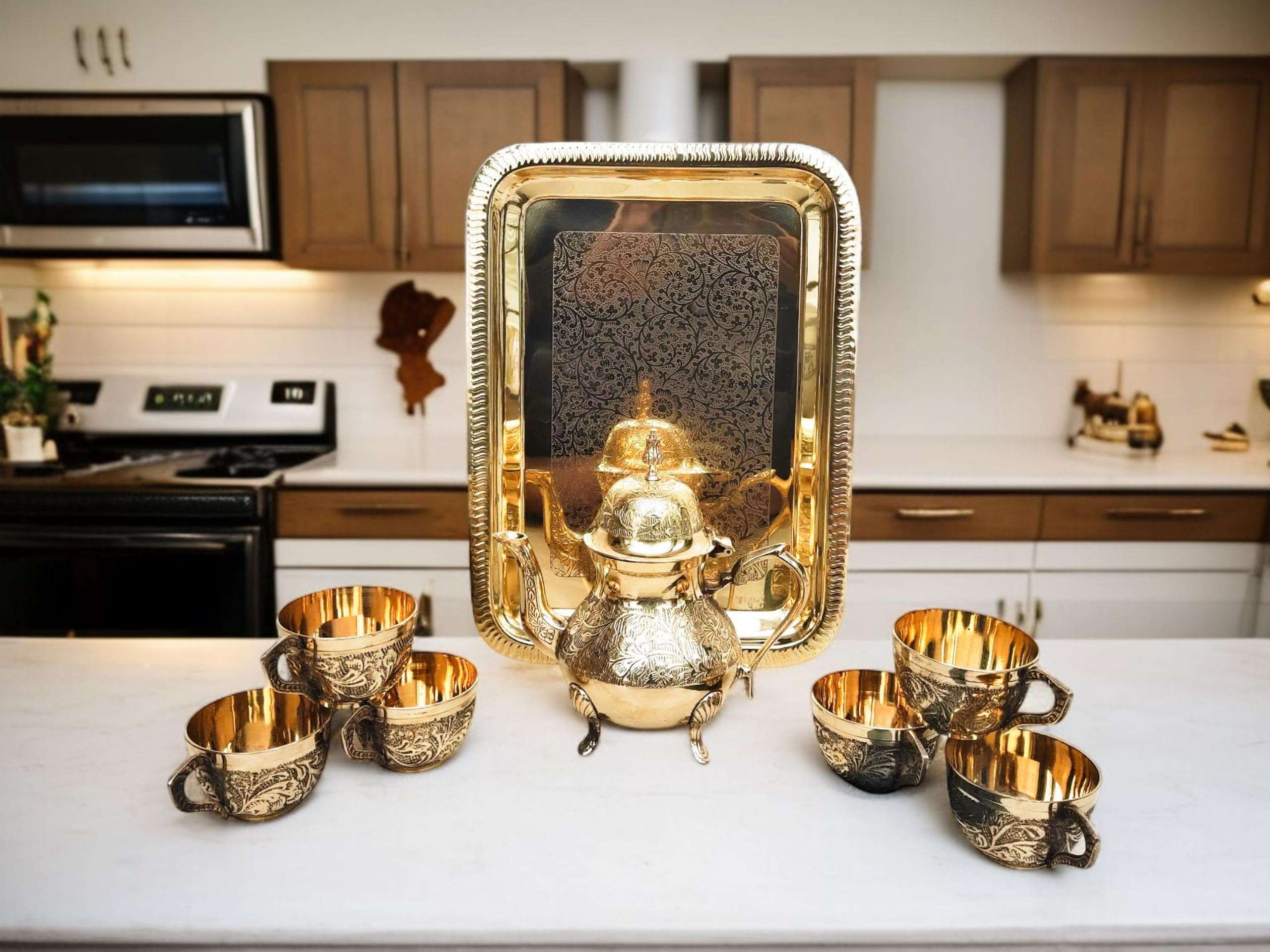 Brass Kettle Serving Set - Engraved Teapot - Coffee Pot with Set of 6 Cup with Tray - (36 x 25 cm) Perfect for Tea Parties, Gifting, Brass Tea Set with Kettle | weight-1750 GMS 1