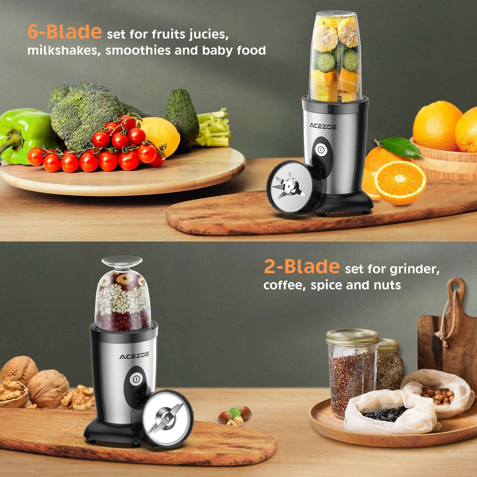 Acezoe Blender Shakes and Smoothies, 850W Portable Blender, One-Button Mixer, 3D 6-leafs, 2x17oz Personal Blender Bottle, BPA Free Kitchen, baby food, Grinding, Juice-Silver 4