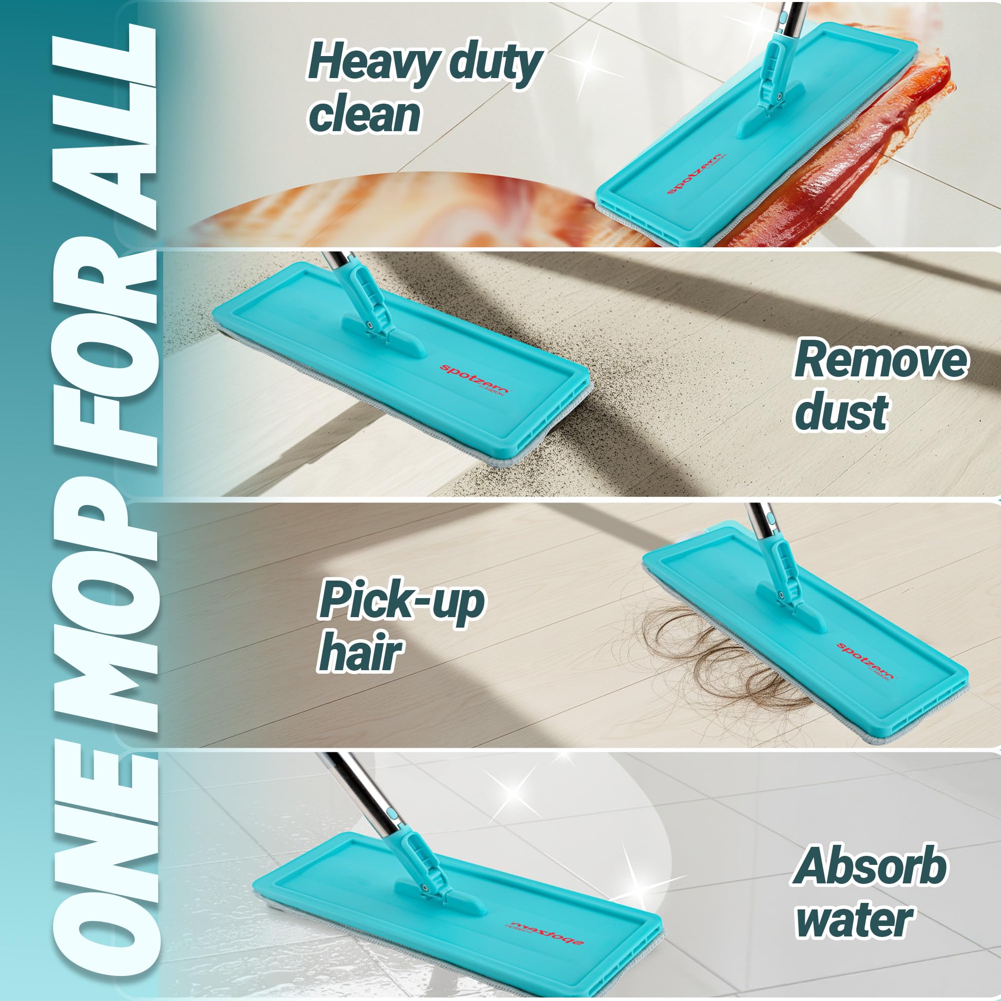 Spotzero By Milton 2-1 Flat Mop I Wash and Dry Chamber I Flexible Head I Premium 4X Absorbent Microfiber Refills I Floor Plus Wall Mop I Long Handle I Compact- Lightweight I 2.8 Litre 4