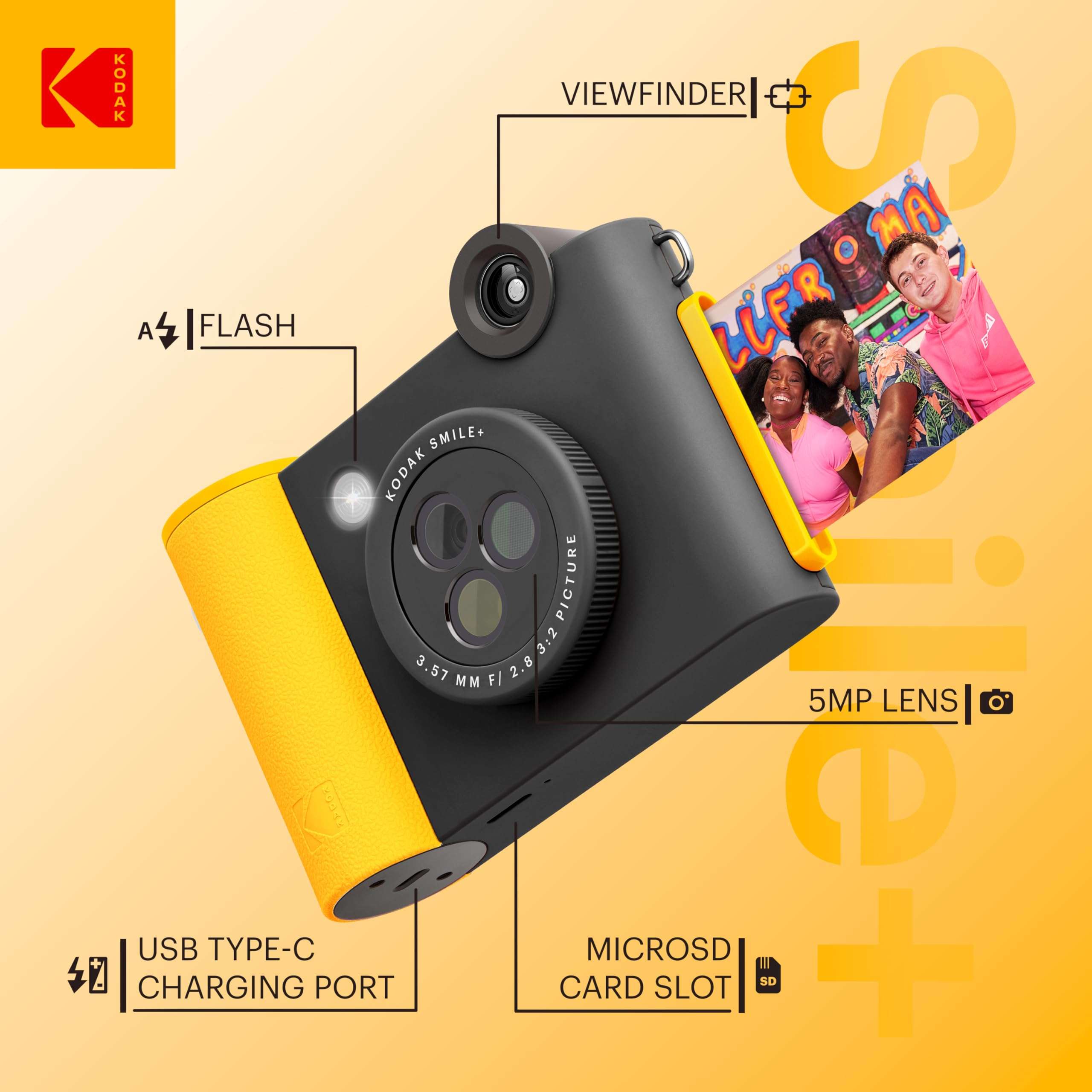 KODAK Smile+ 2-in-1 Digital Instant Print Camera & Wireless Bluetooth Photo Printer Starter Bundle + Deluxe Case + Zink 20pk Sticky-Back Photo Paper - 10MP, Special-Effect Rotating Lens - Black 3