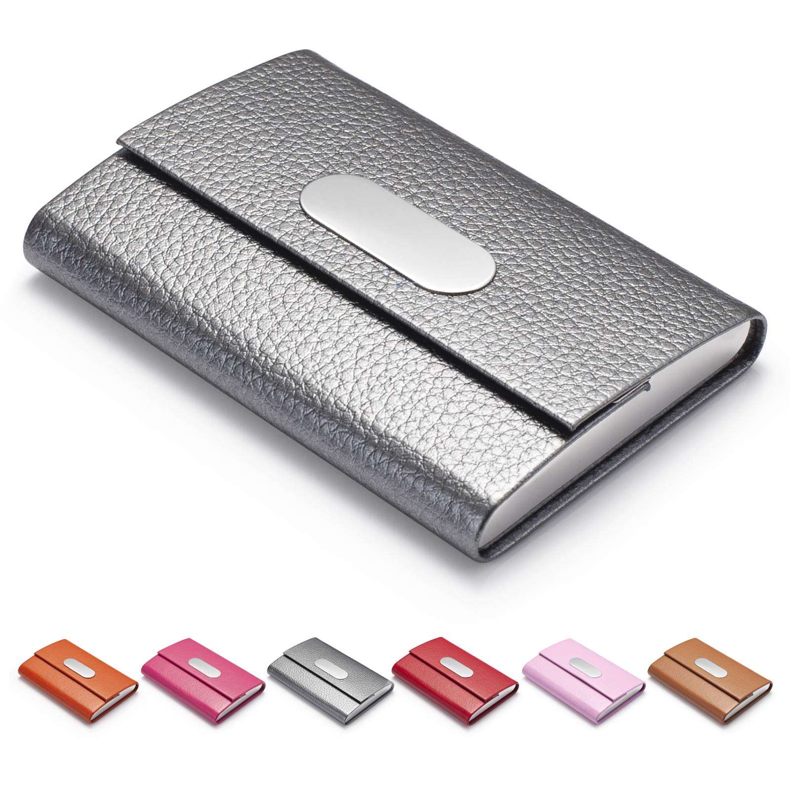 FACATH Business Card Holder for Women, PU Leather & Stainless Steel Business Name Card Holder Wallet Credit Card Metal Pocket Business Card Carrier with Magnetic Shut - Gray 1